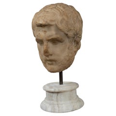 Alabaster Bust of a Greek or Roman Male on a Marble  Base