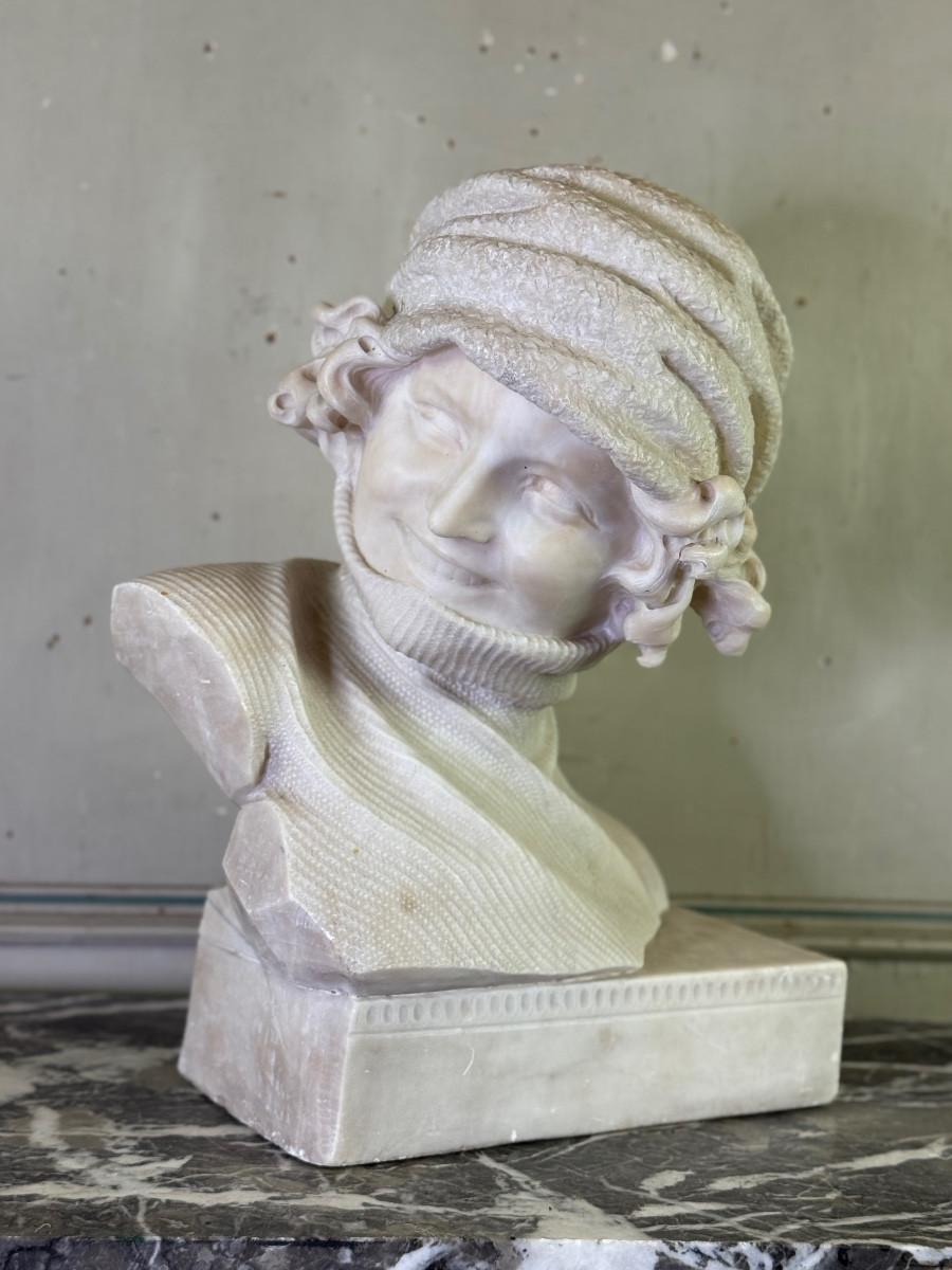 Alabaster bust of a young girl wearing a turtleneck, signed Caloni, Italy, circa For Sale 3