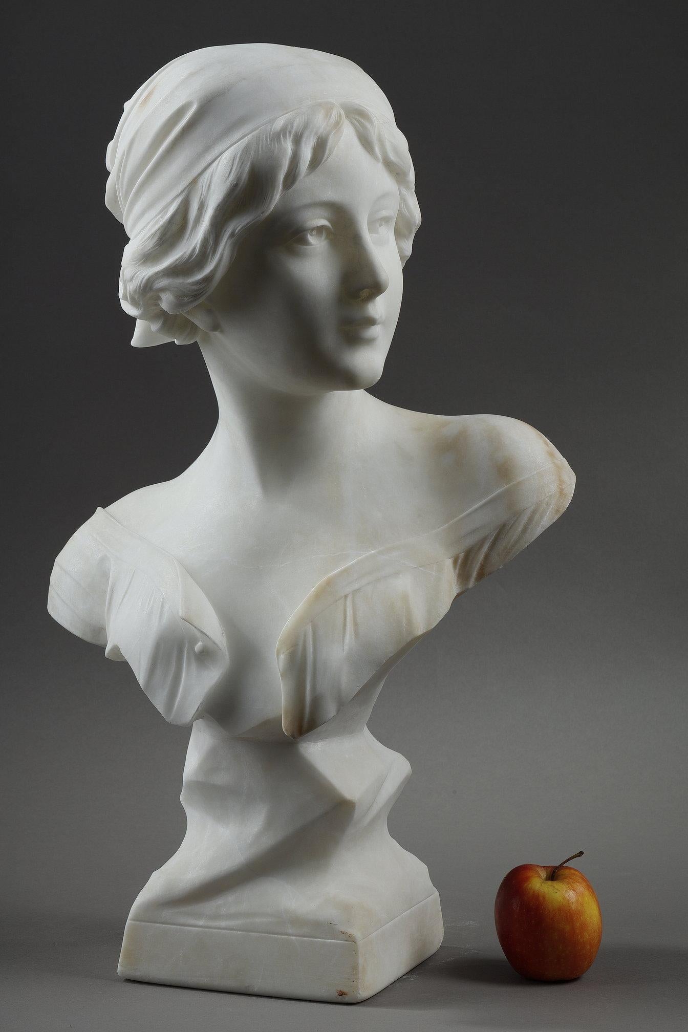French Alabaster bust of a young woman, signed Cyprien  For Sale