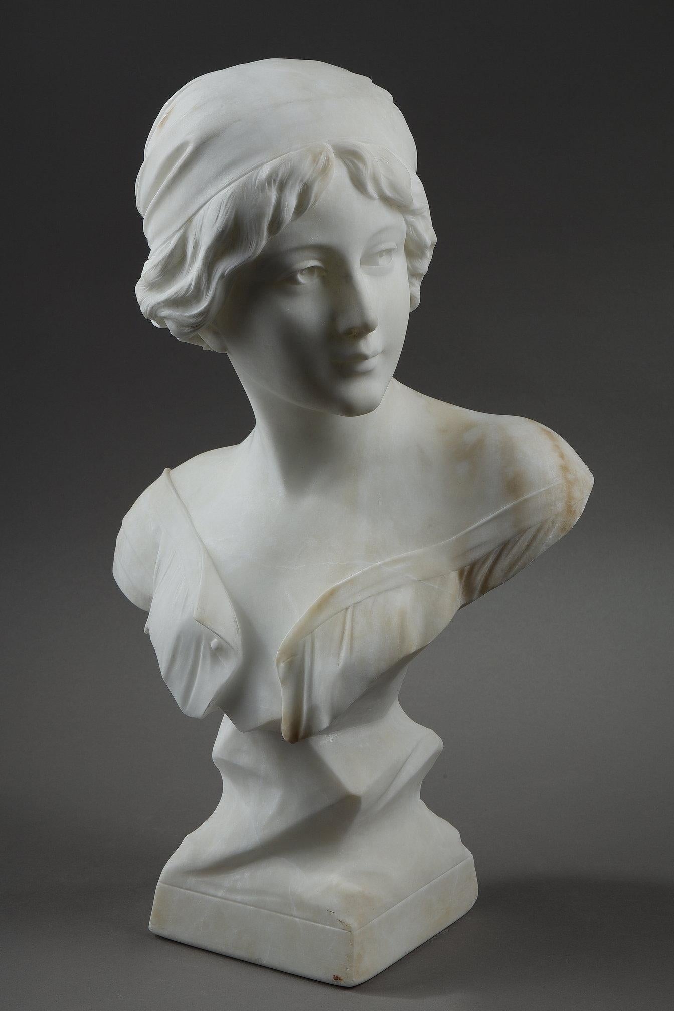 Early 20th Century Alabaster bust of a young woman, signed Cyprien  For Sale