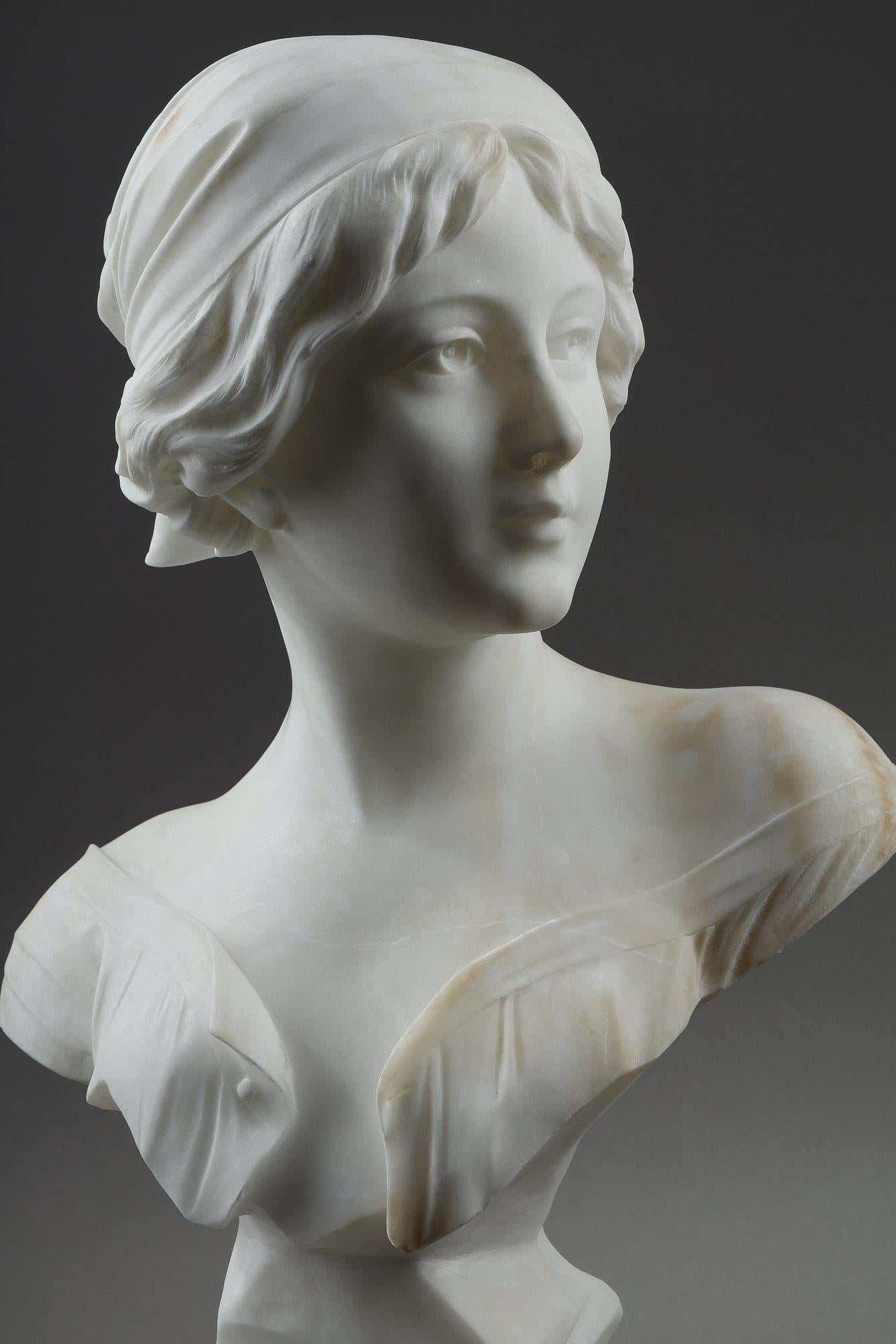 Alabaster bust of a young woman, signed Cyprien  For Sale 3