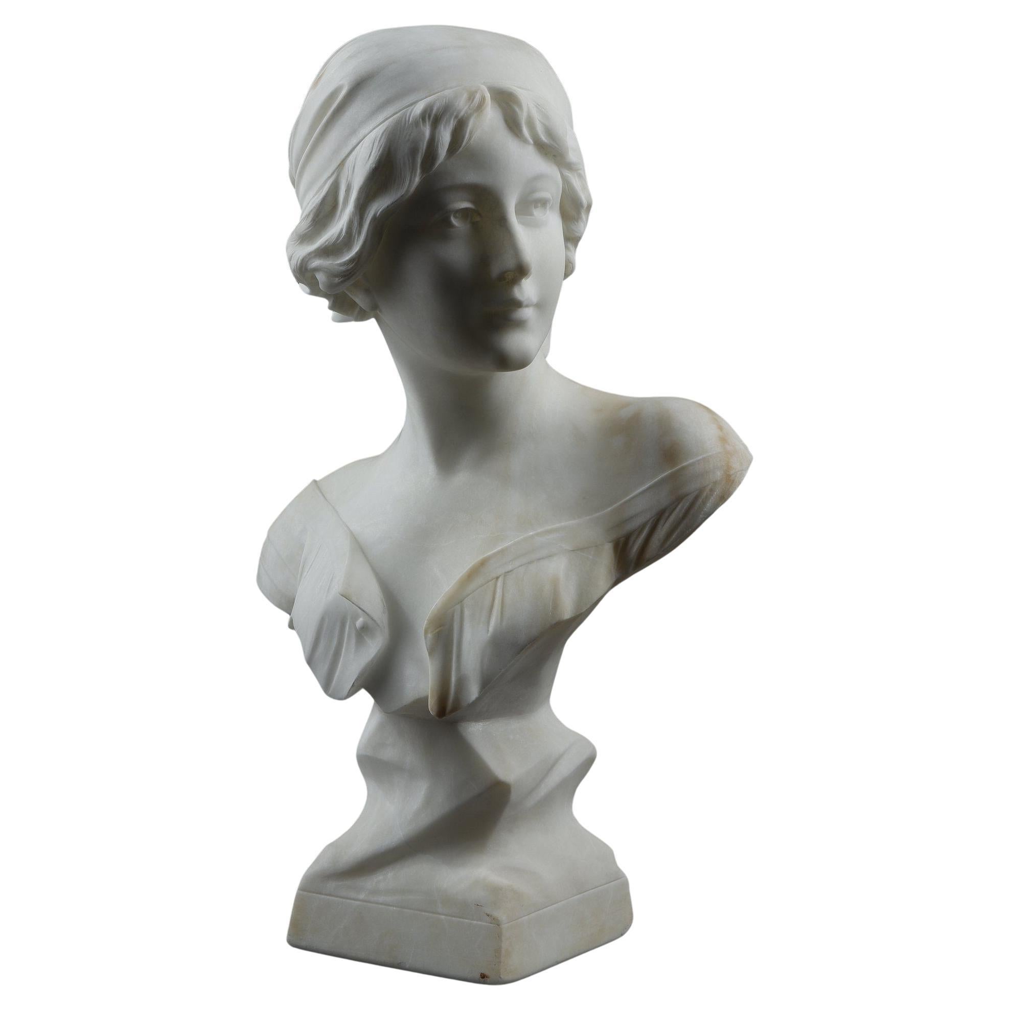 Alabaster bust of a young woman, signed Cyprien  For Sale
