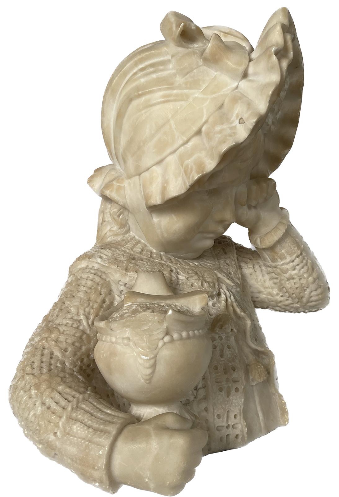 An alabaster bust of a young girl crying.

Dimensions: 15.5