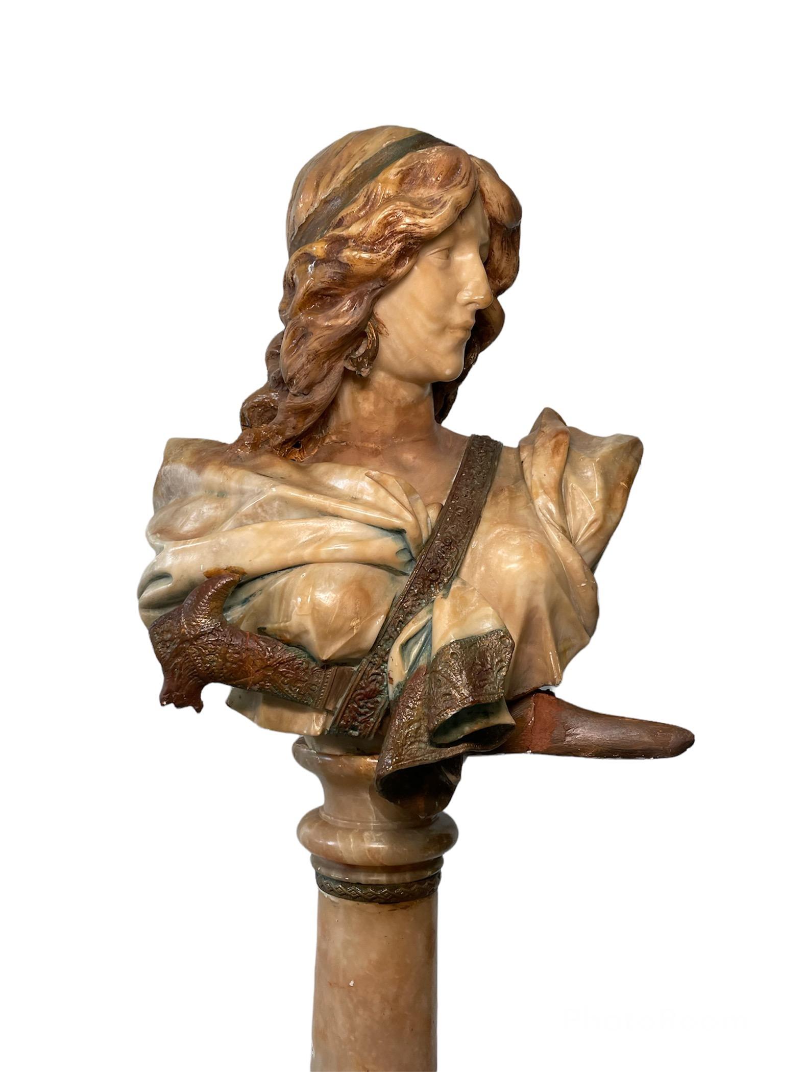 Alabaster Bust of Judith with Marble Column After August Riedel Painting For Sale 8