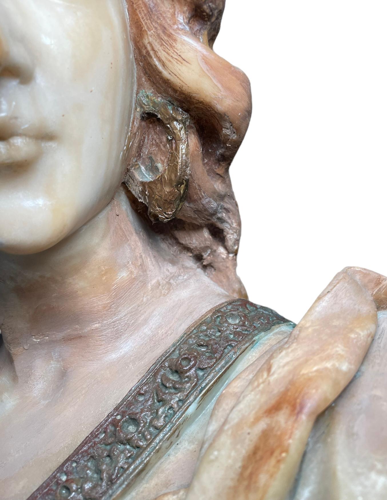 Hand-Crafted Alabaster Bust of Judith with Marble Column After August Riedel Painting For Sale