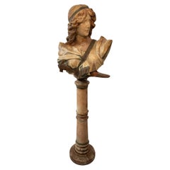 Retro Alabaster Bust of Judith with Marble Column After August Riedel Painting