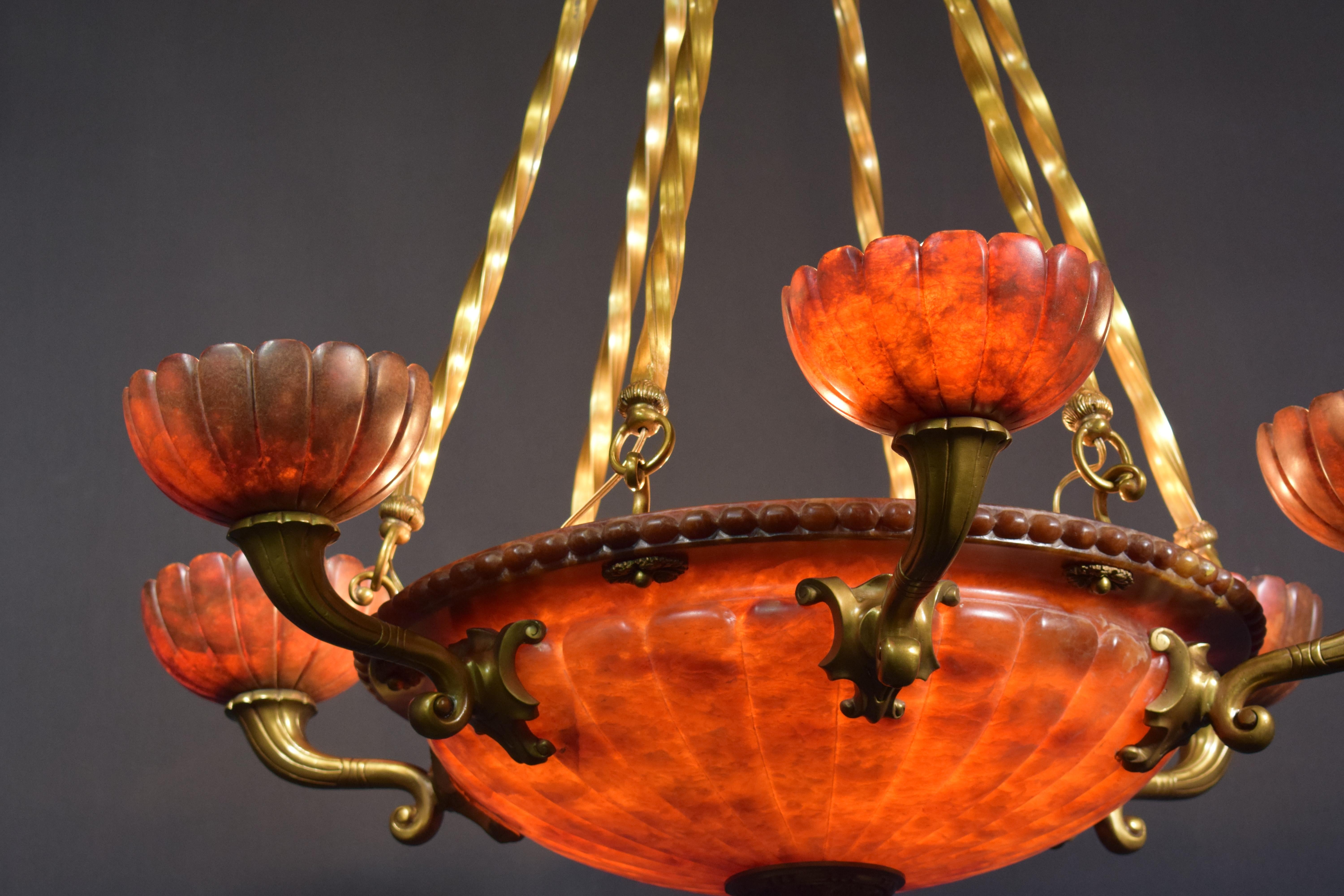 Alabaster Chandelier, 9 Lights, France, circa 1920 In Good Condition For Sale In Atlanta, GA