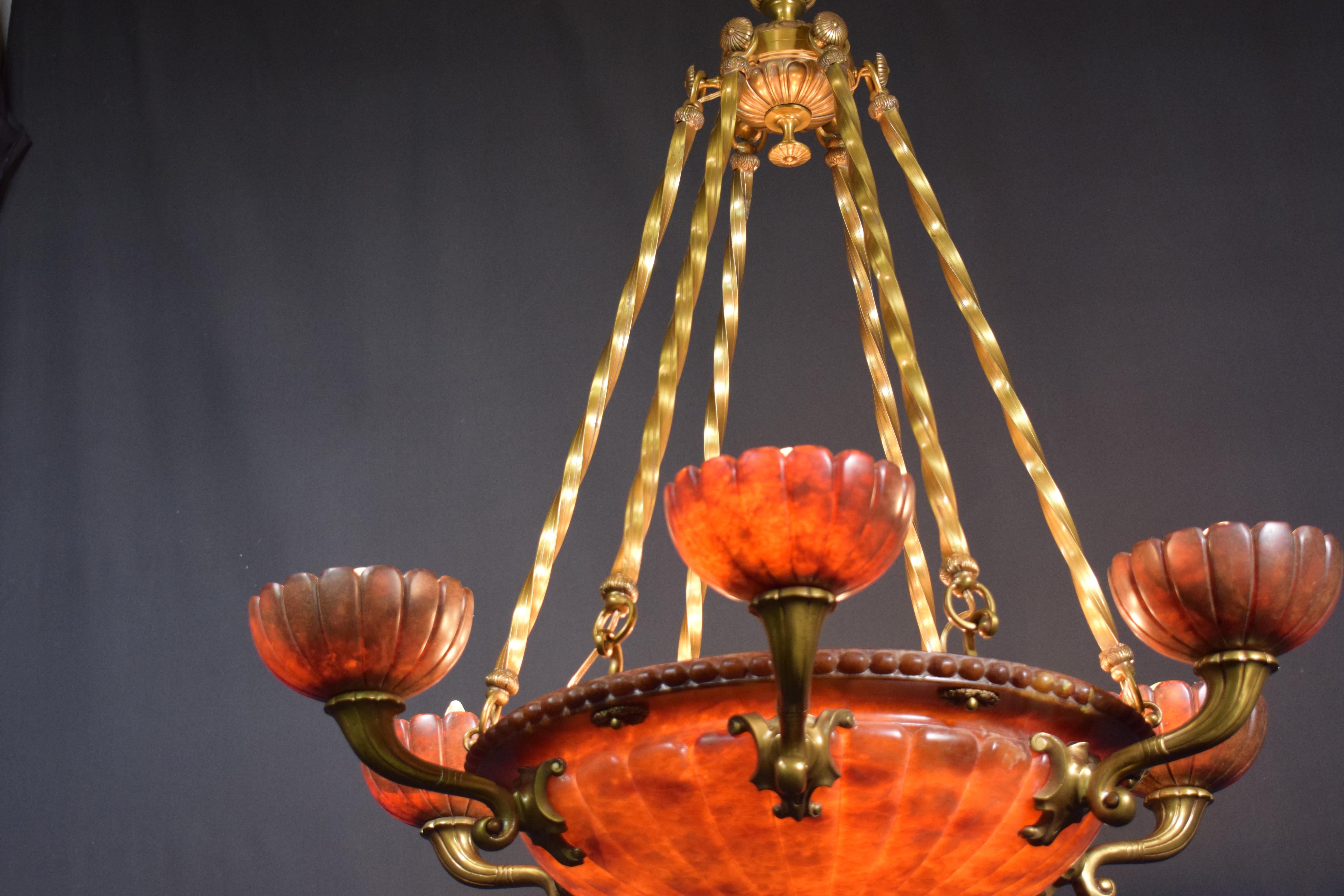 Early 20th Century Alabaster Chandelier, 9 Lights, France, circa 1920 For Sale