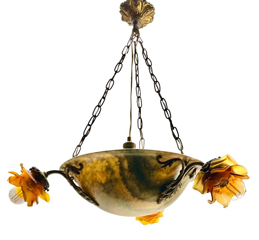French Alabaster Chandelier / Pendant Good Condition Timeless Design and Great Colors  For Sale
