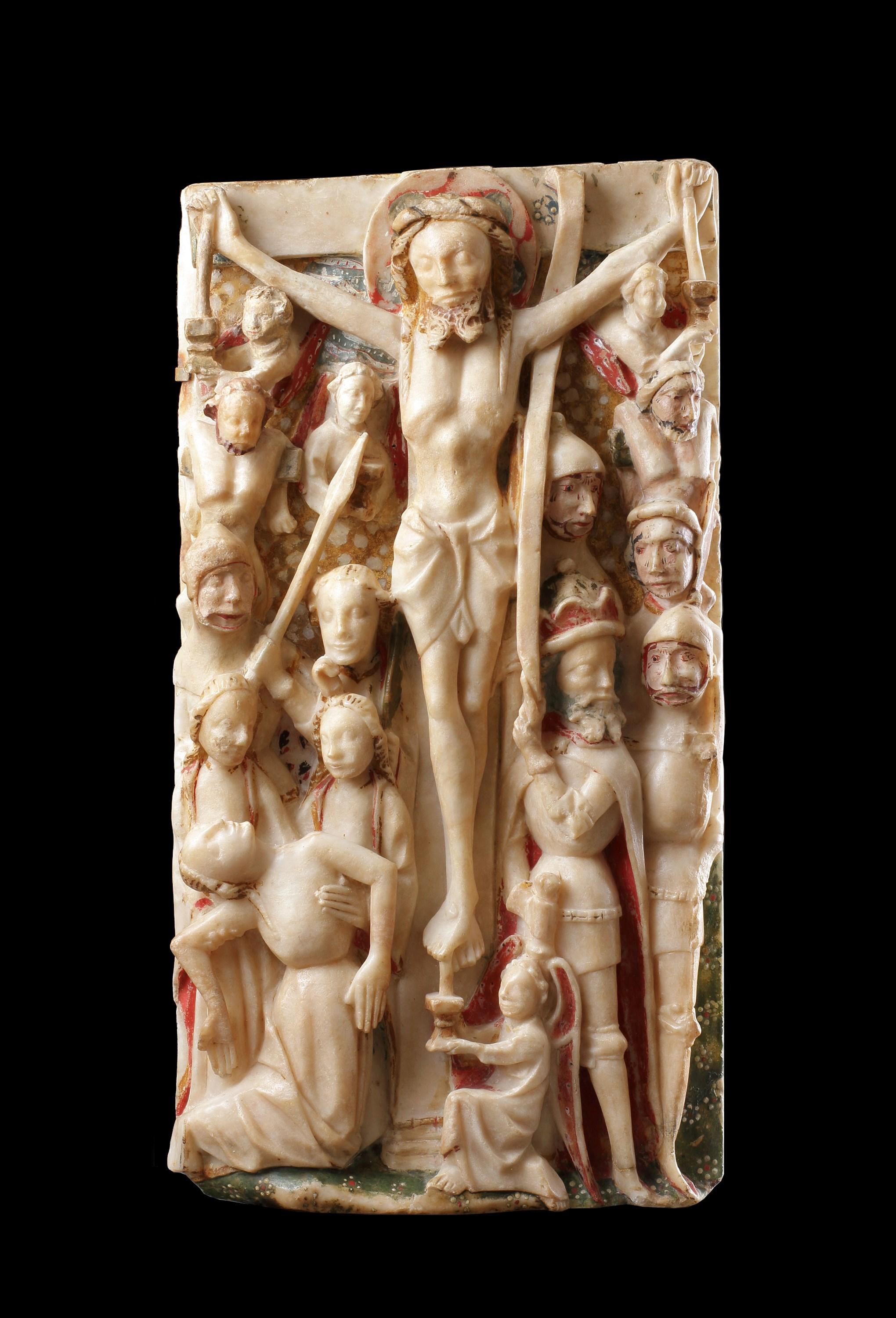 Un très beau relief sculpté de la Crucifixion
Albâtre
Circa 1450 - 1470

Nottingham, Midlands, Angleterre

Taille : 49,5 cm de haut, 26,5 cm de large, 5 cm de profondeur - 19½ ins de haut, 10½ ins de large, 2 ins de profondeur 
Panneau de bois : 64
