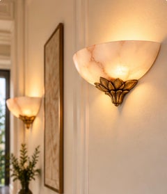 Alabaster Demilune Wall Sconces with Gilt Bronze Lotus Mounts , France 1970s