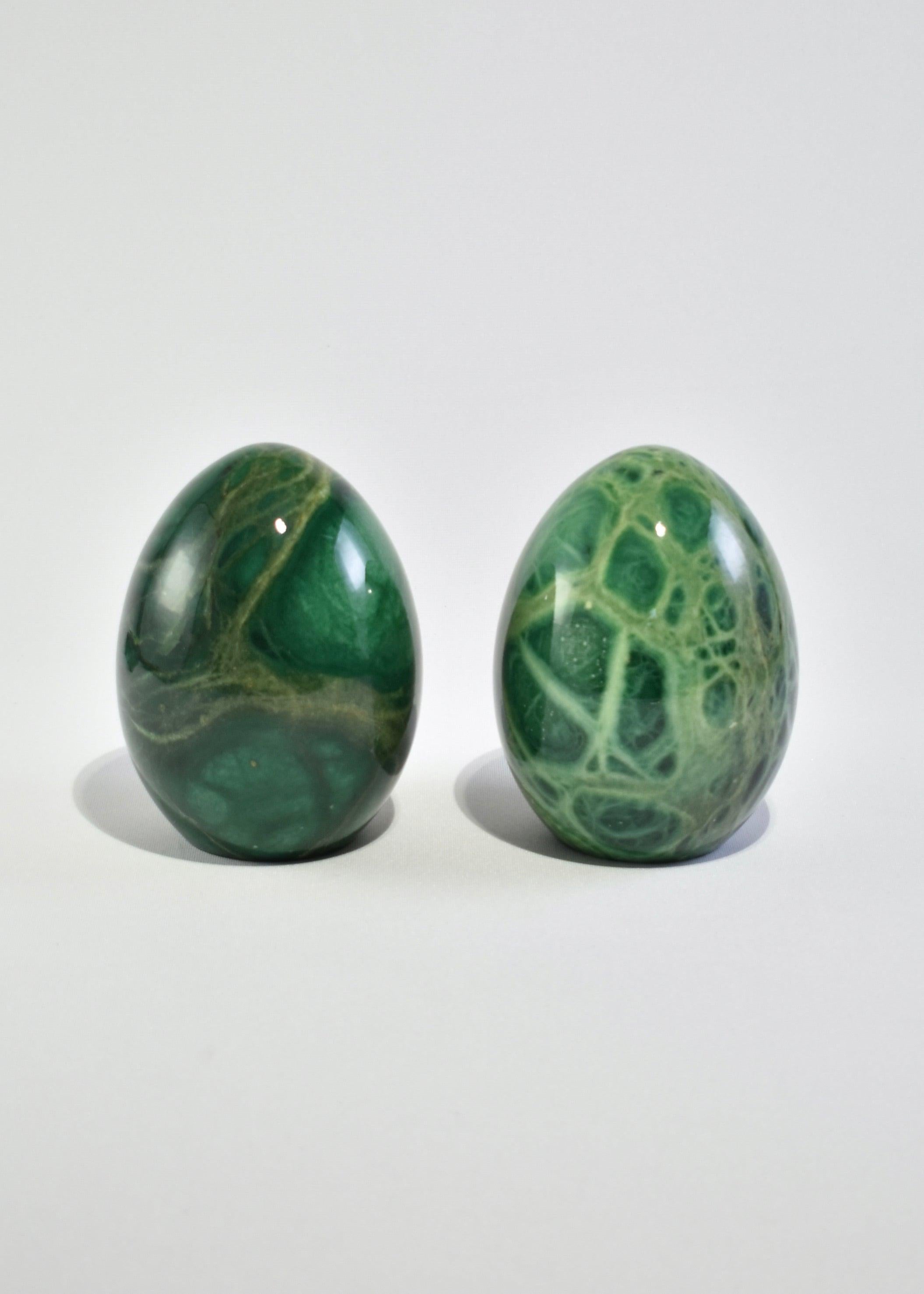 Stunning vintage green alabaster stone bookends in an egg shape, set of two. ?Made in Italy.?.
