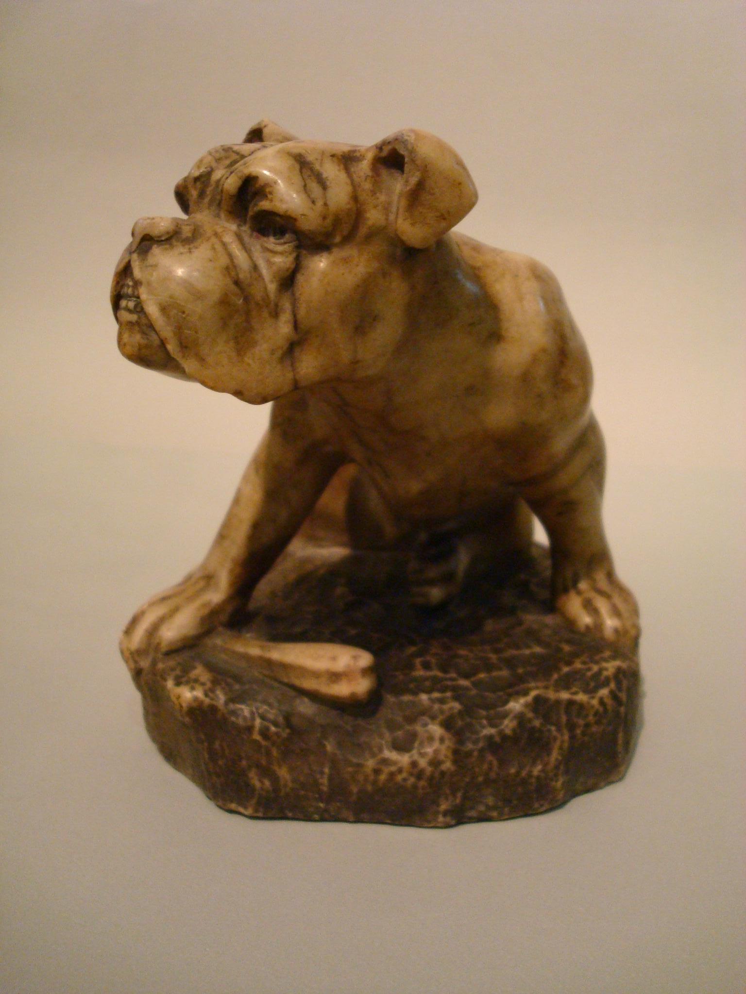 Alabaster English Bulldog sculpture, 1900s
Very well hand carved in Alabaster stone. Sitting bulldog figure.
Could be used as a desk paperweight.