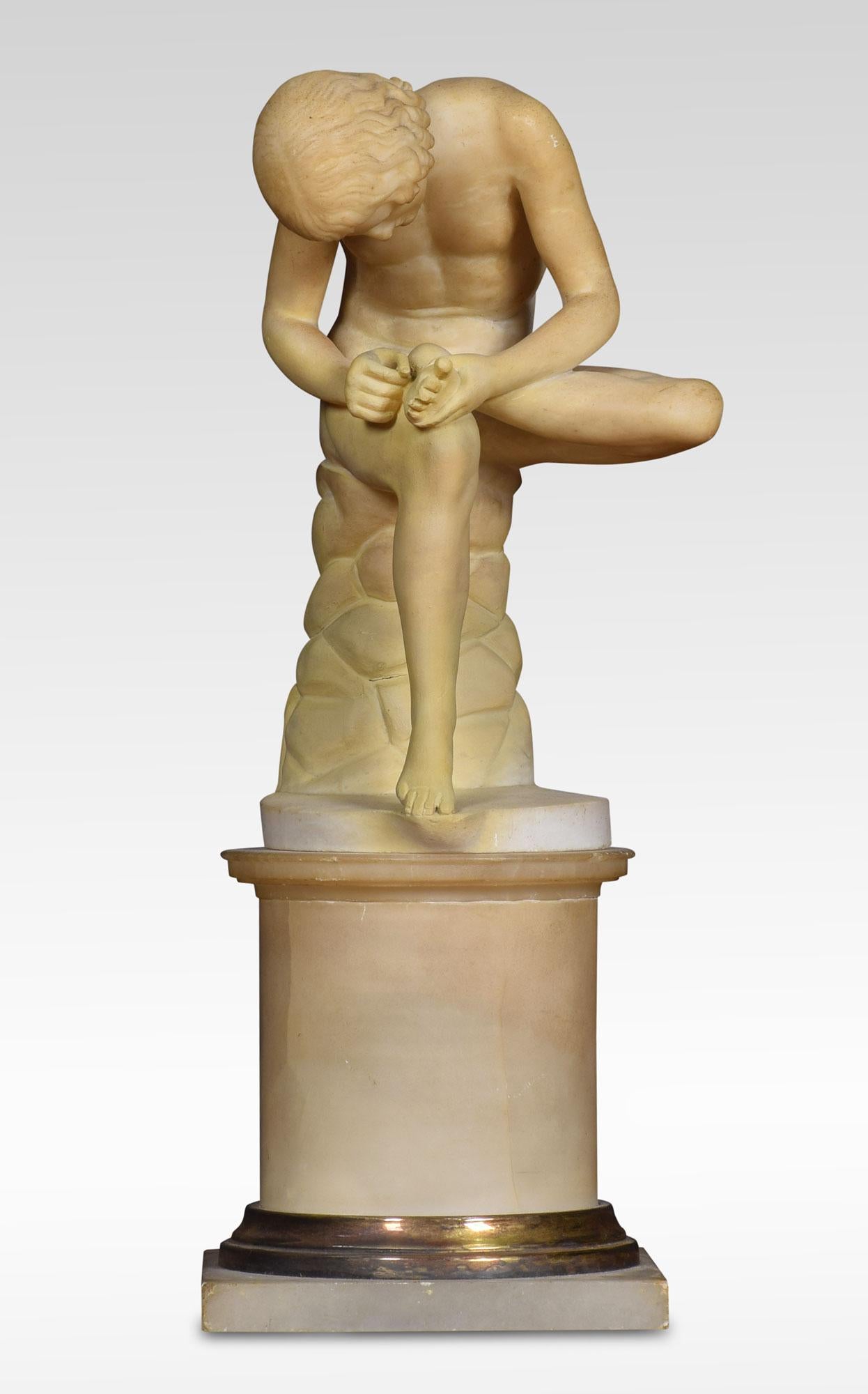 Alabaster sculpture, Spinario statue of a boy with a thorn in his foot on a yellow Scagliola pedestal. He is based on an antique bronze original which is in the Capitoline Museum Rome.
Measures: Height 14.5 inches
Length 5.5 inches
Width 5.5