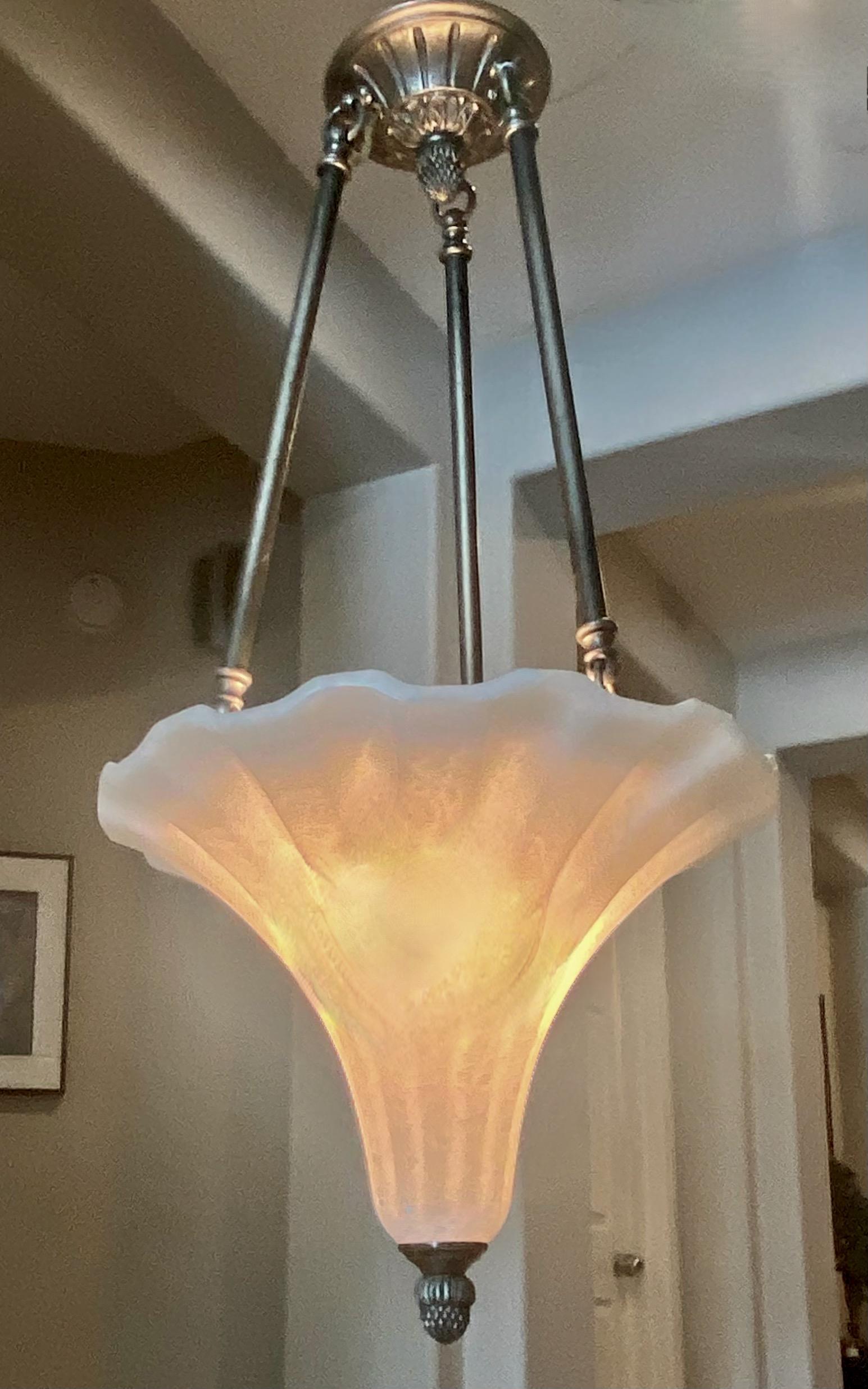 Alabaster Fluted Cone Shape Pewter Pendant Light 5