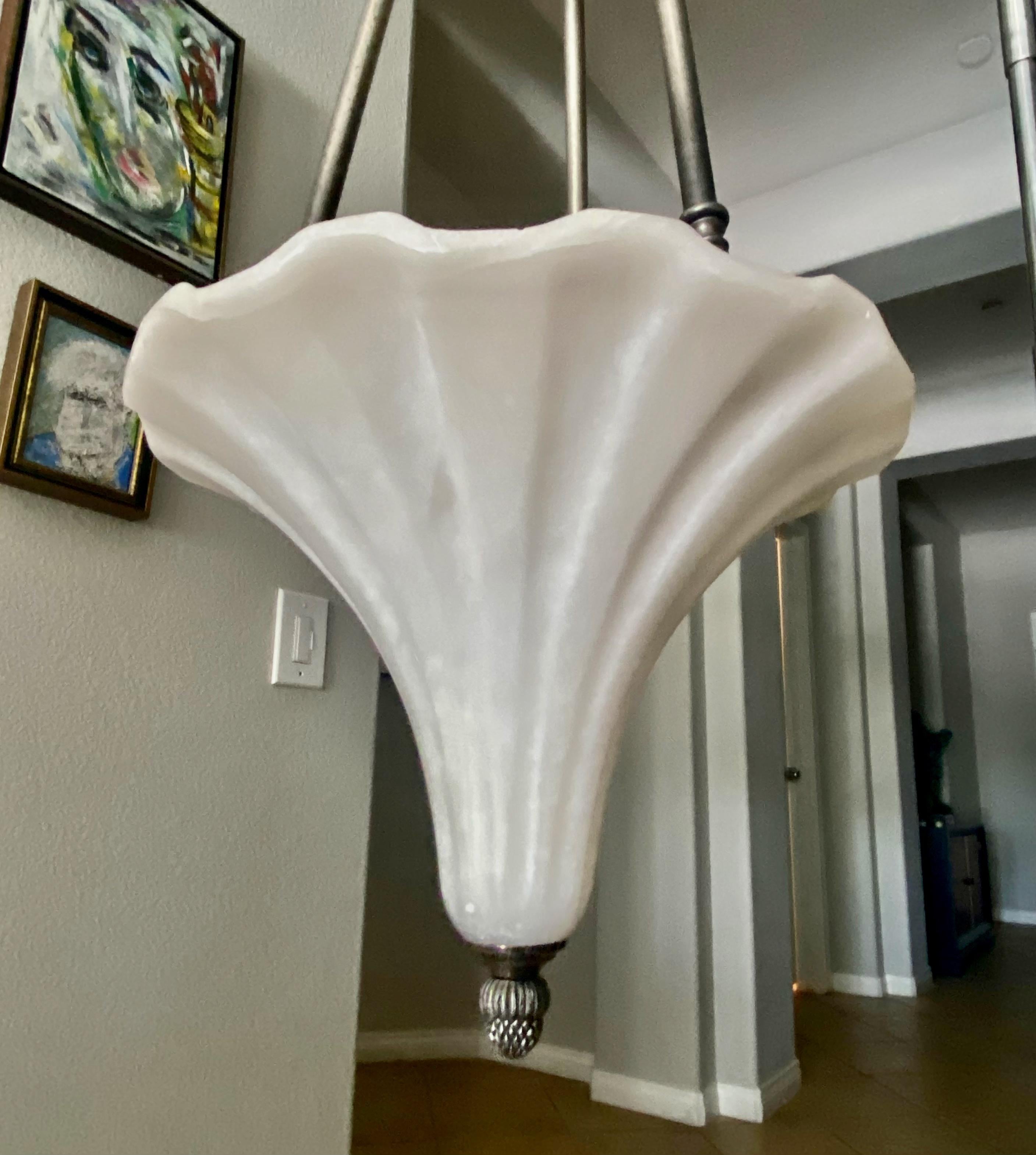 Alabaster Fluted Cone Shape Pewter Pendant Light 13