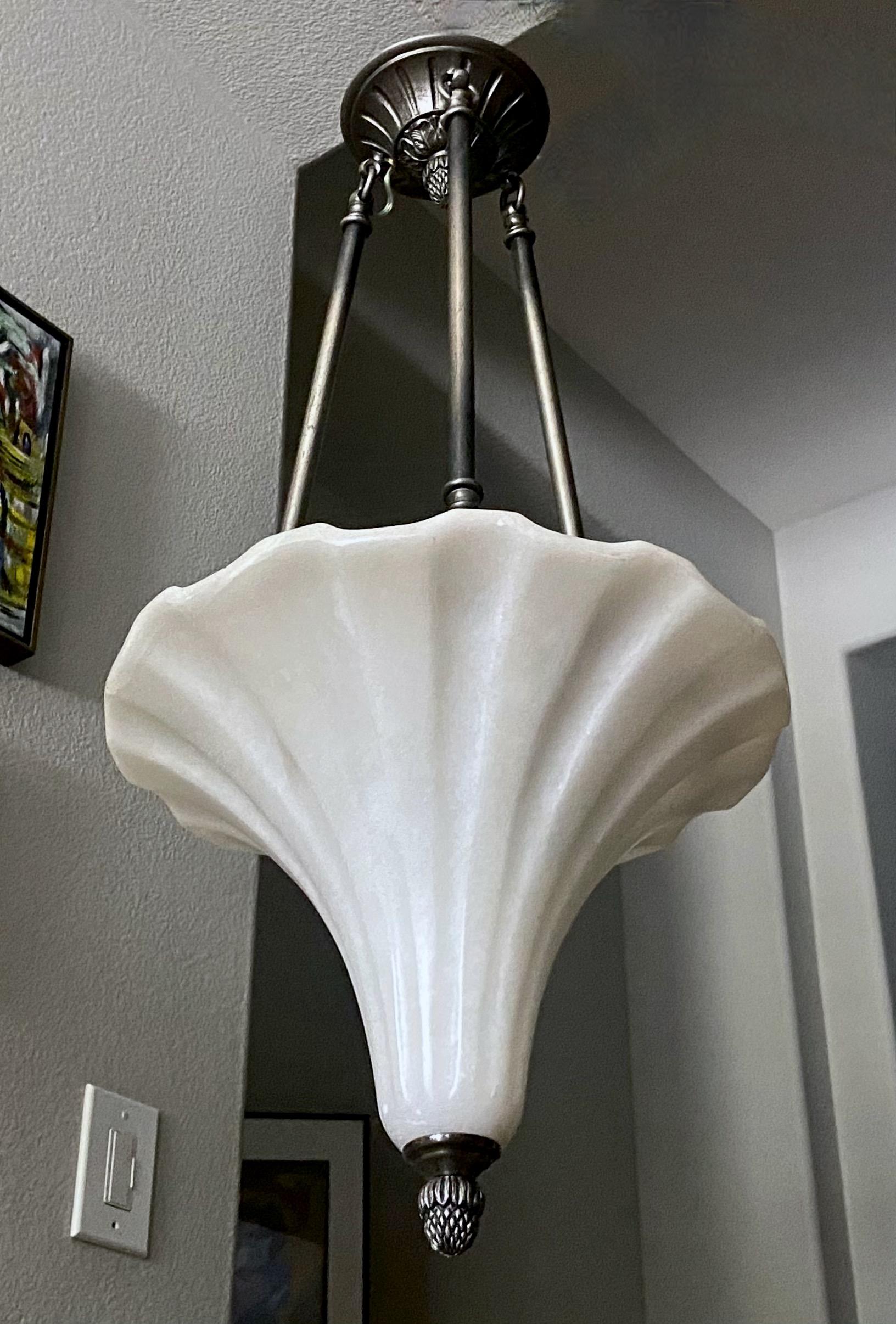Unique fluted cone shape white alabaster pendant light chandelier with silver pewter finish fittings. Wired for US, uses two candelabra 