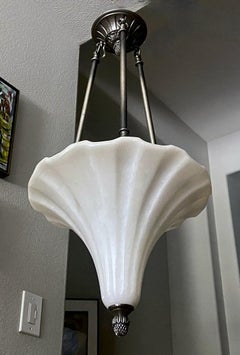 Alabaster Fluted Cone Shape Pewter Pendant Light