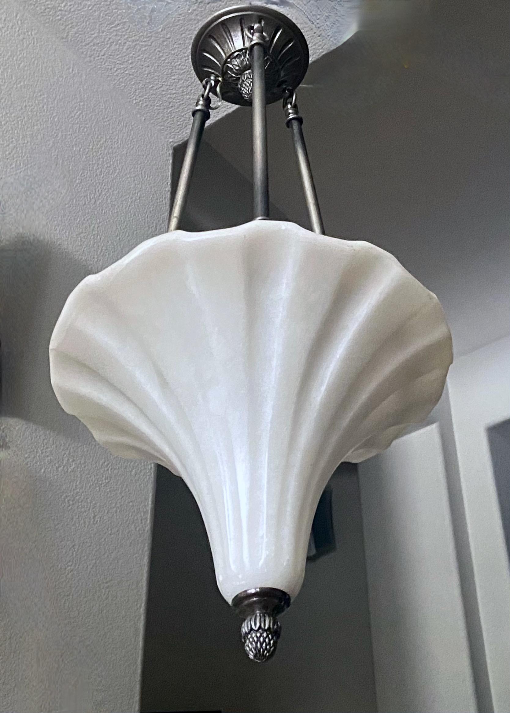 French Alabaster Fluted Cone Shape Pewter Pendant Light