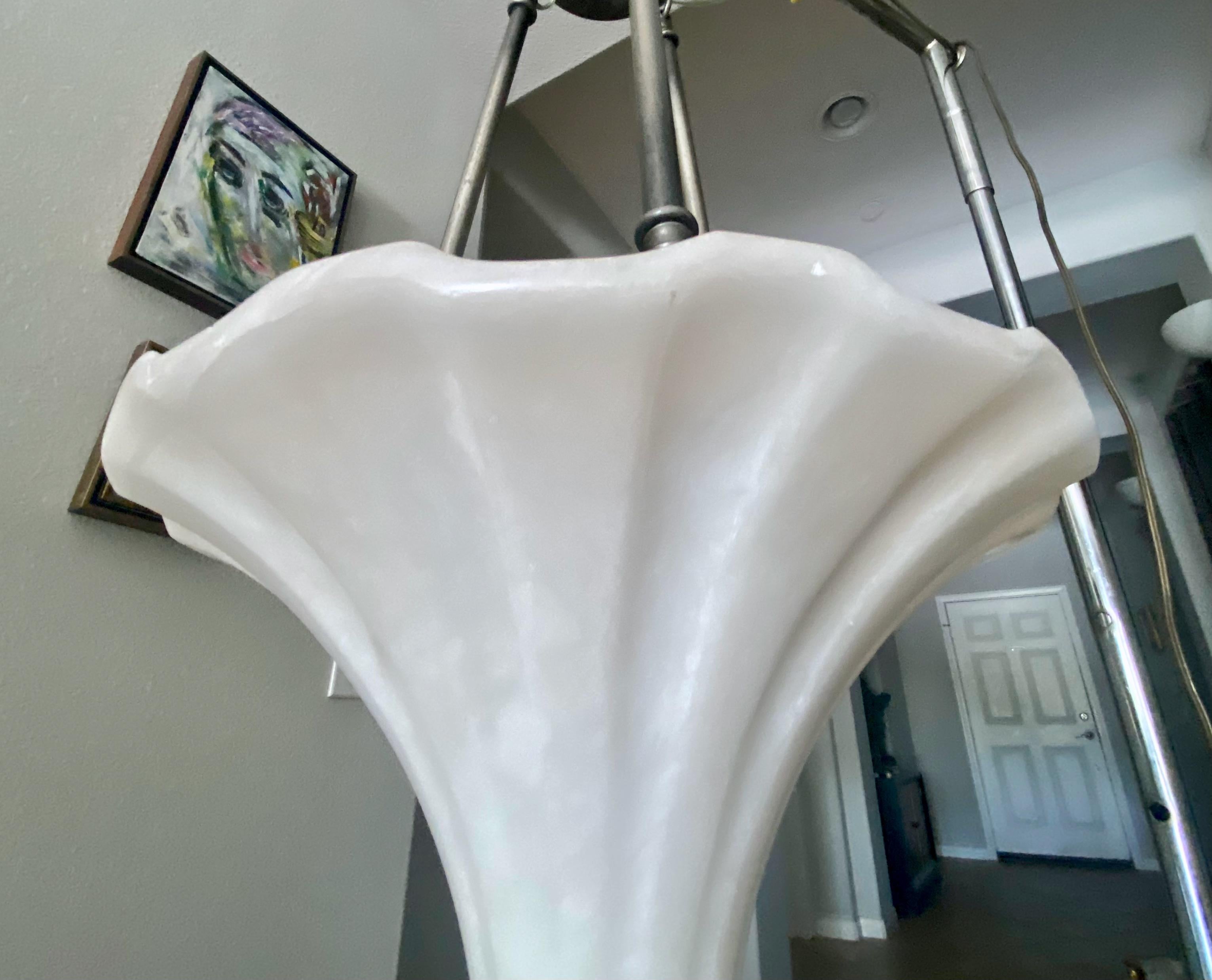 Alabaster Fluted Cone Shape Pewter Pendant Light In Good Condition In Palm Springs, CA