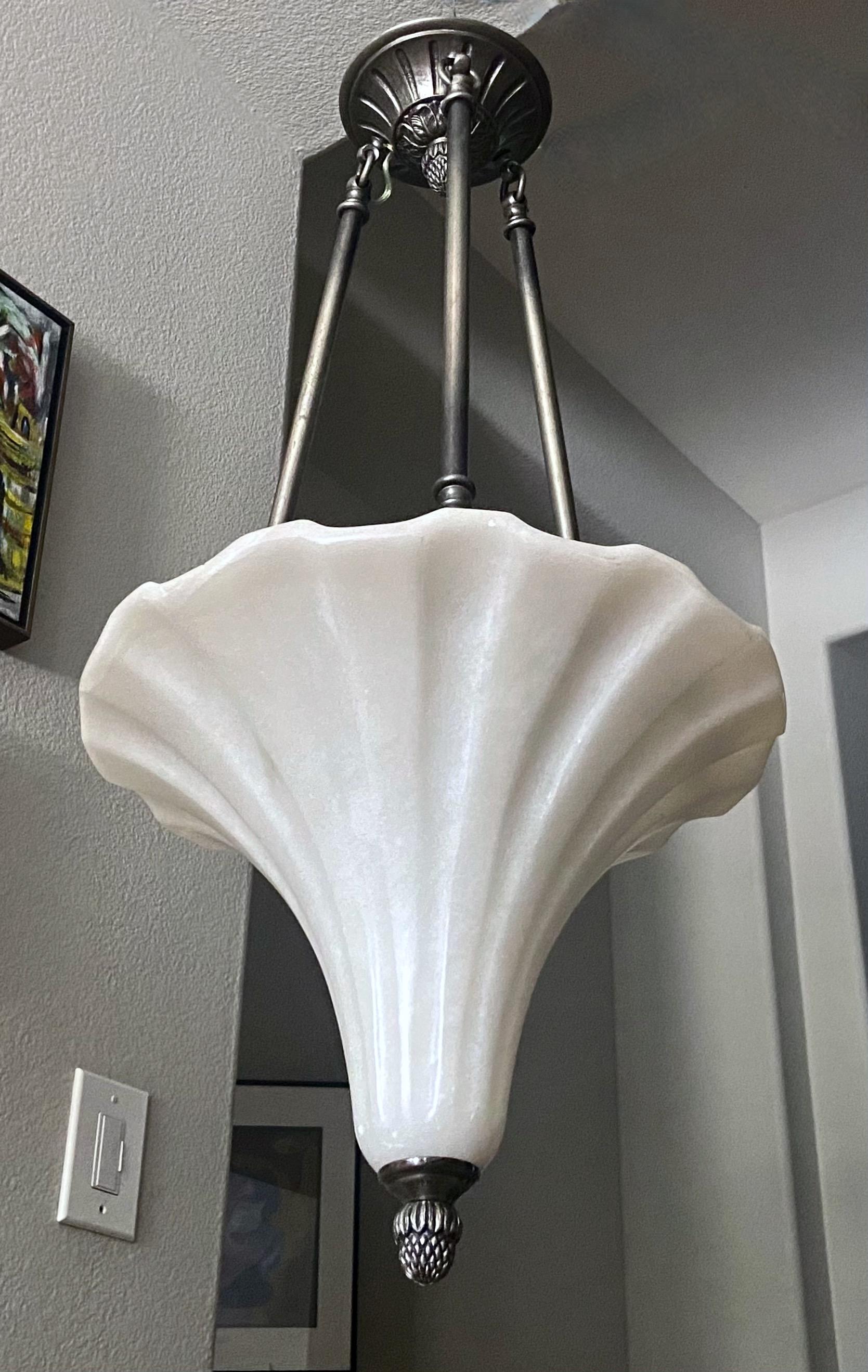 20th Century Alabaster Fluted Cone Shape Pewter Pendant Light