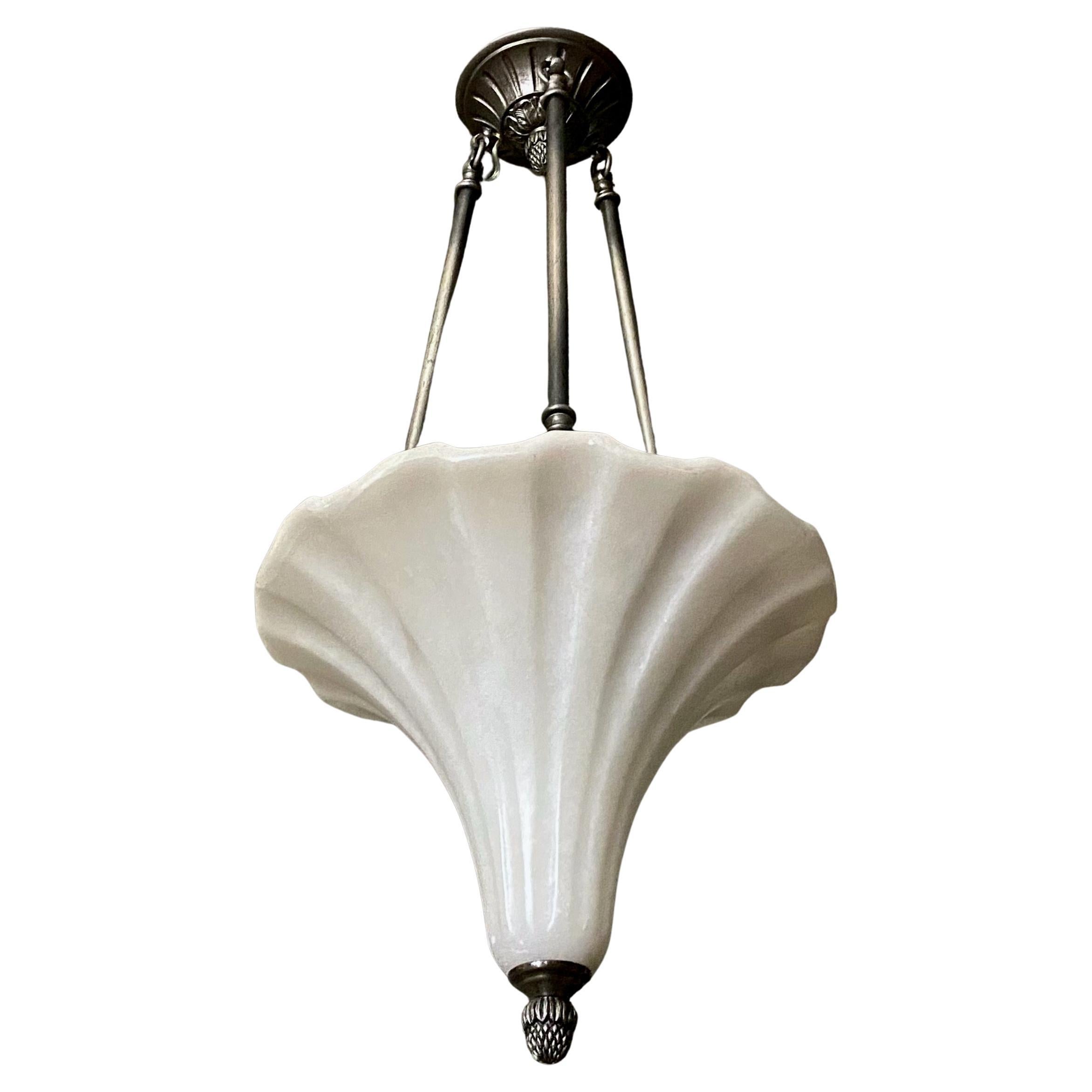 Alabaster Fluted Cone Shape Pewter Pendant Light