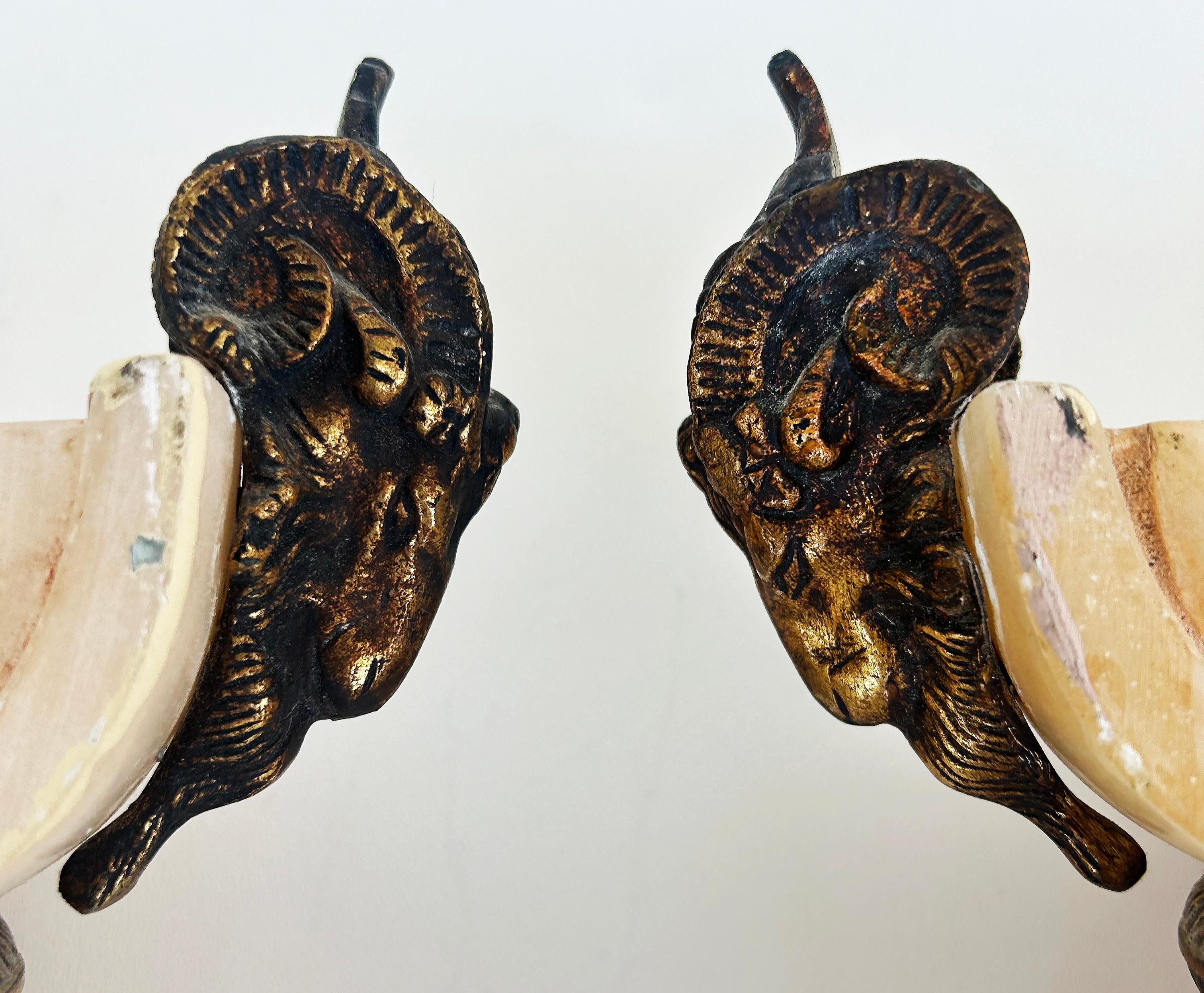 Alabaster Gilt Bronze Ram's Head Wall Sconces by Mariner, S.A., Spain, Pair For Sale 4