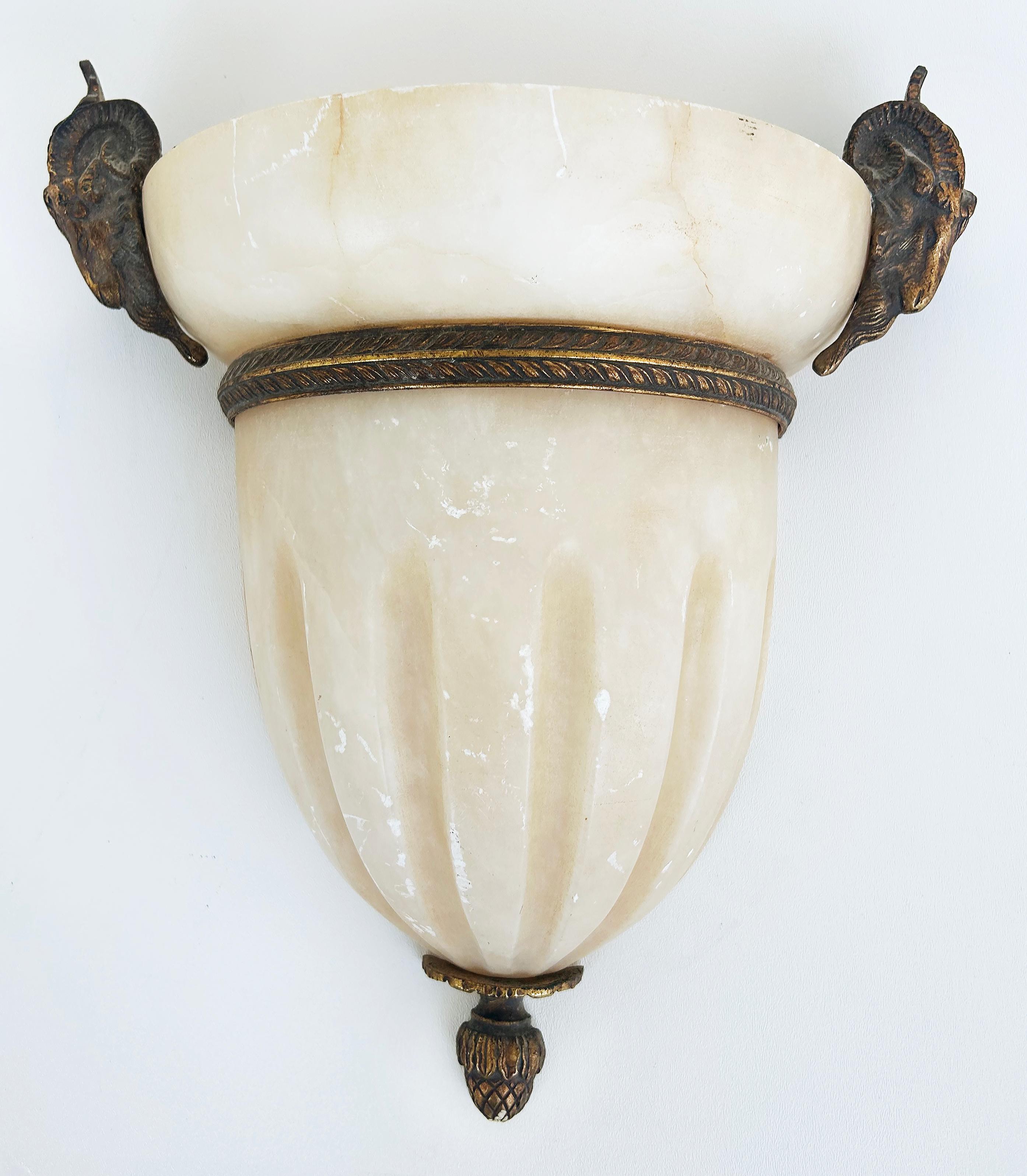 Neoclassical Alabaster Gilt Bronze Ram's Head Wall Sconces by Mariner, S.A., Spain, Pair For Sale