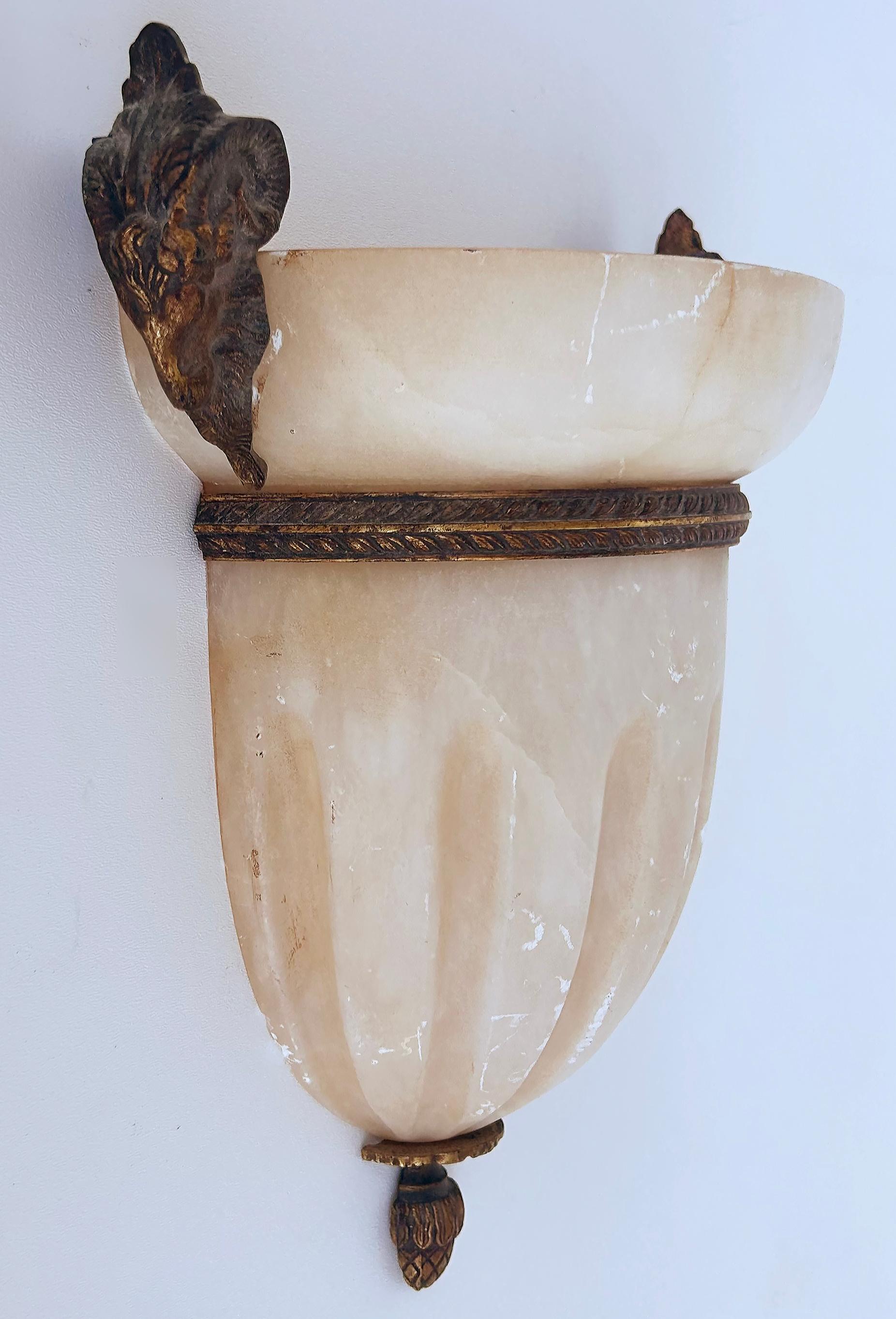 Spanish Alabaster Gilt Bronze Ram's Head Wall Sconces by Mariner, S.A., Spain, Pair For Sale
