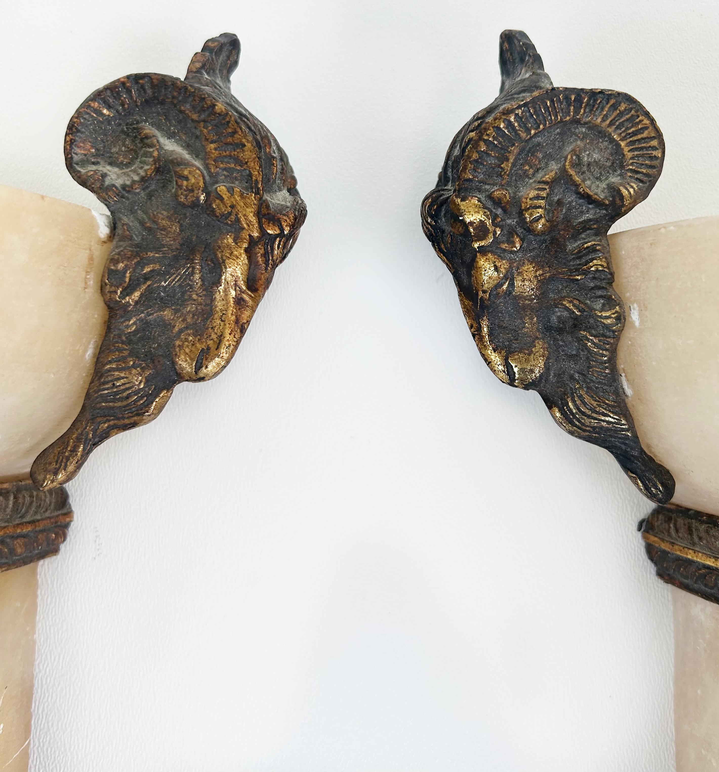 20th Century Alabaster Gilt Bronze Ram's Head Wall Sconces by Mariner, S.A., Spain, Pair For Sale