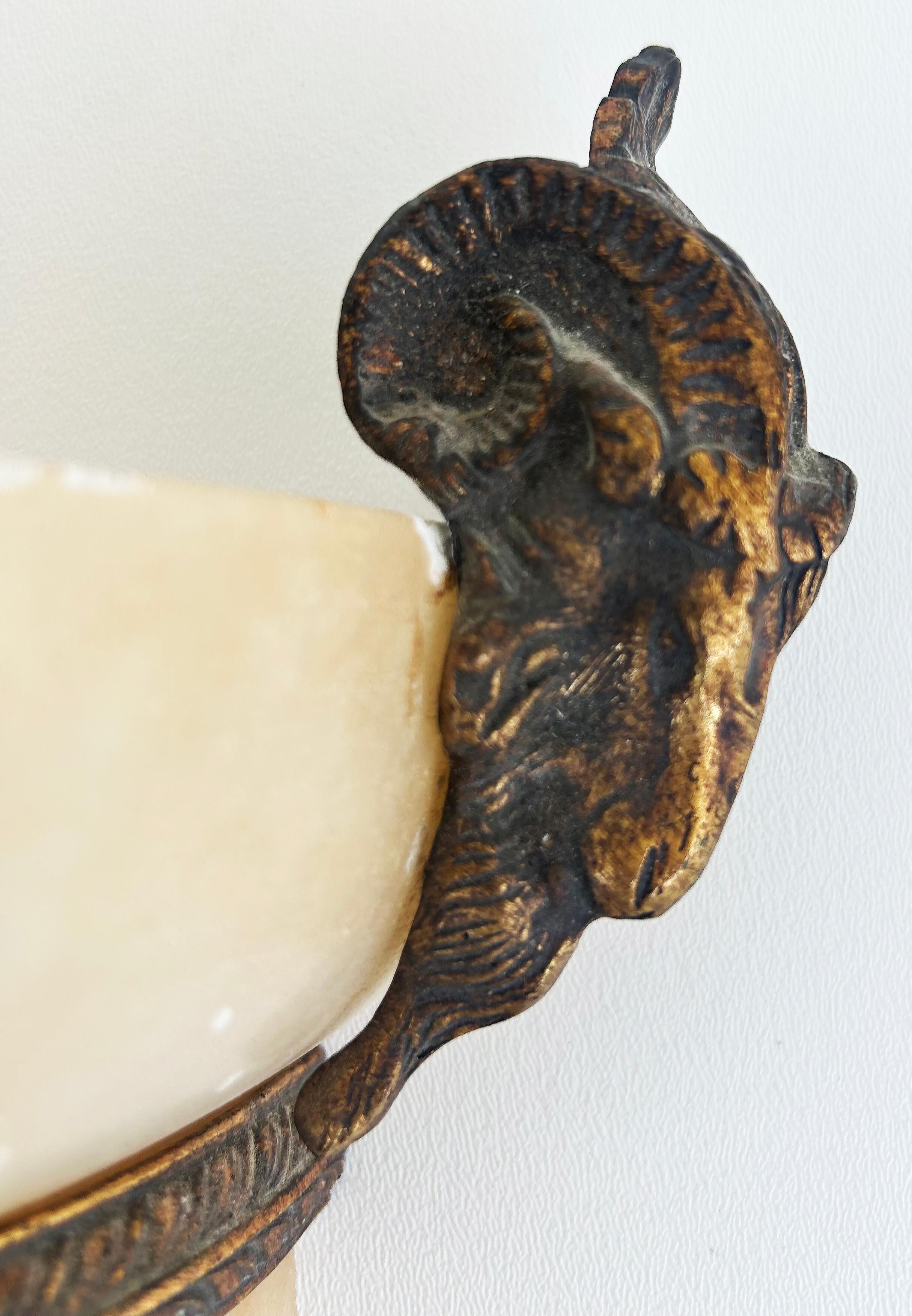 Alabaster Gilt Bronze Ram's Head Wall Sconces by Mariner, S.A., Spain, Pair 1