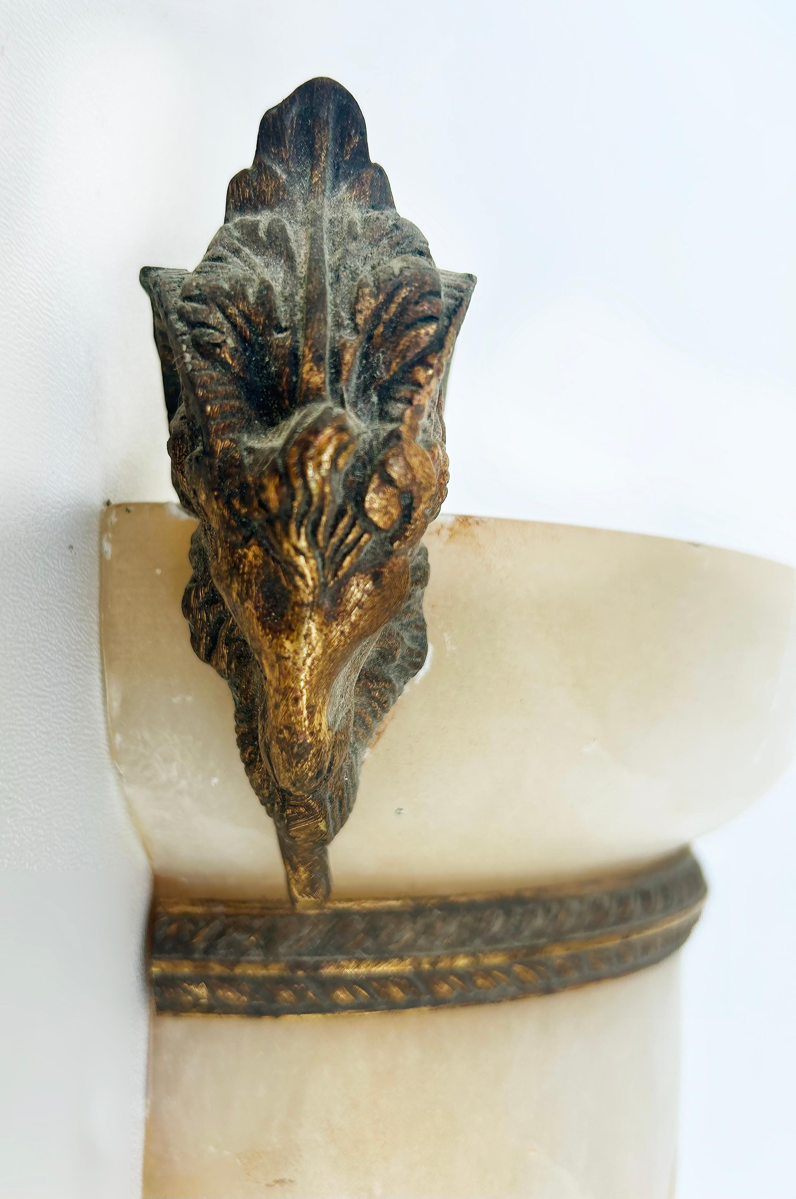 Alabaster Gilt Bronze Ram's Head Wall Sconces by Mariner, S.A., Spain, Pair For Sale 2