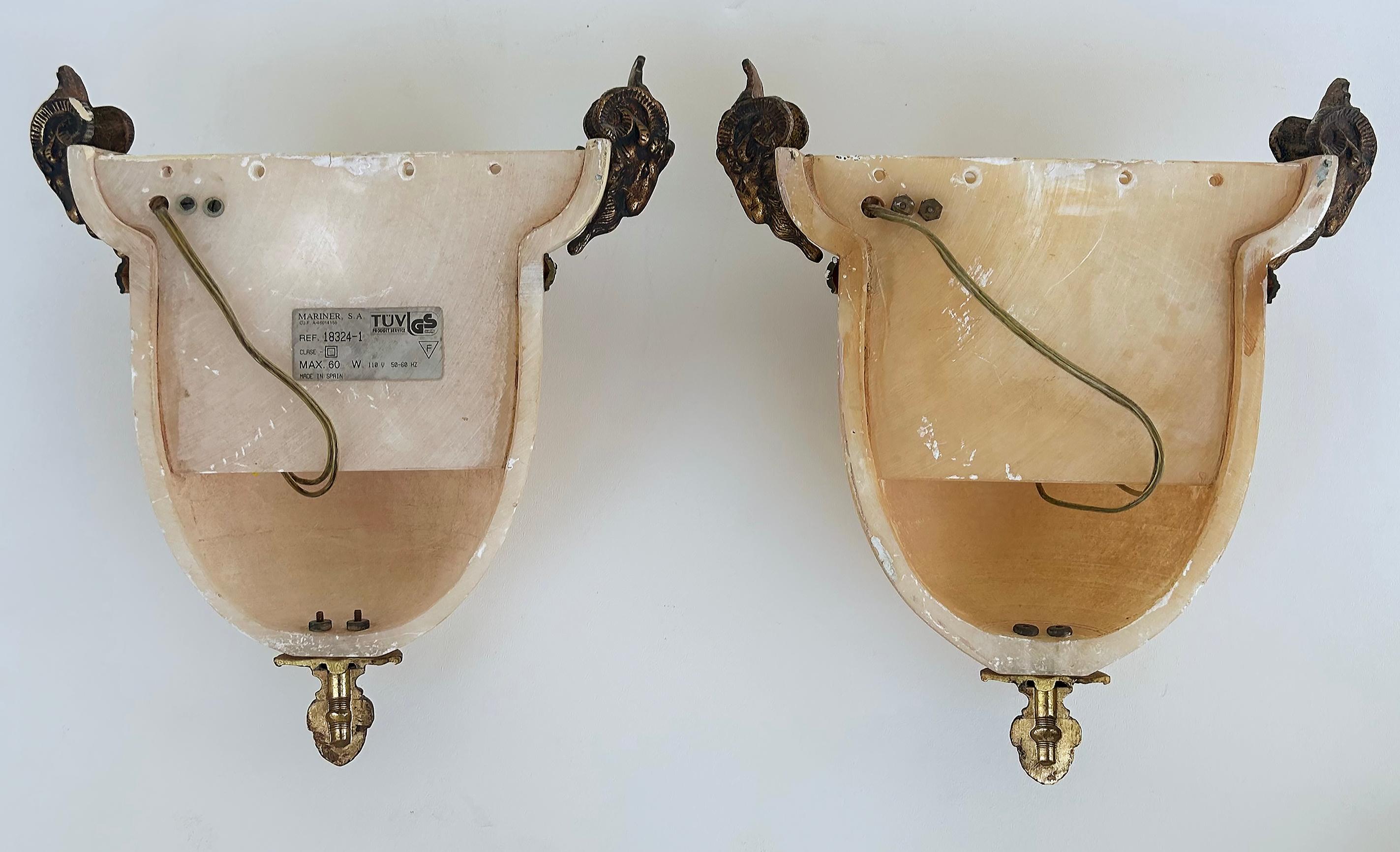 Alabaster Gilt Bronze Ram's Head Wall Sconces by Mariner, S.A., Spain, Pair For Sale 3