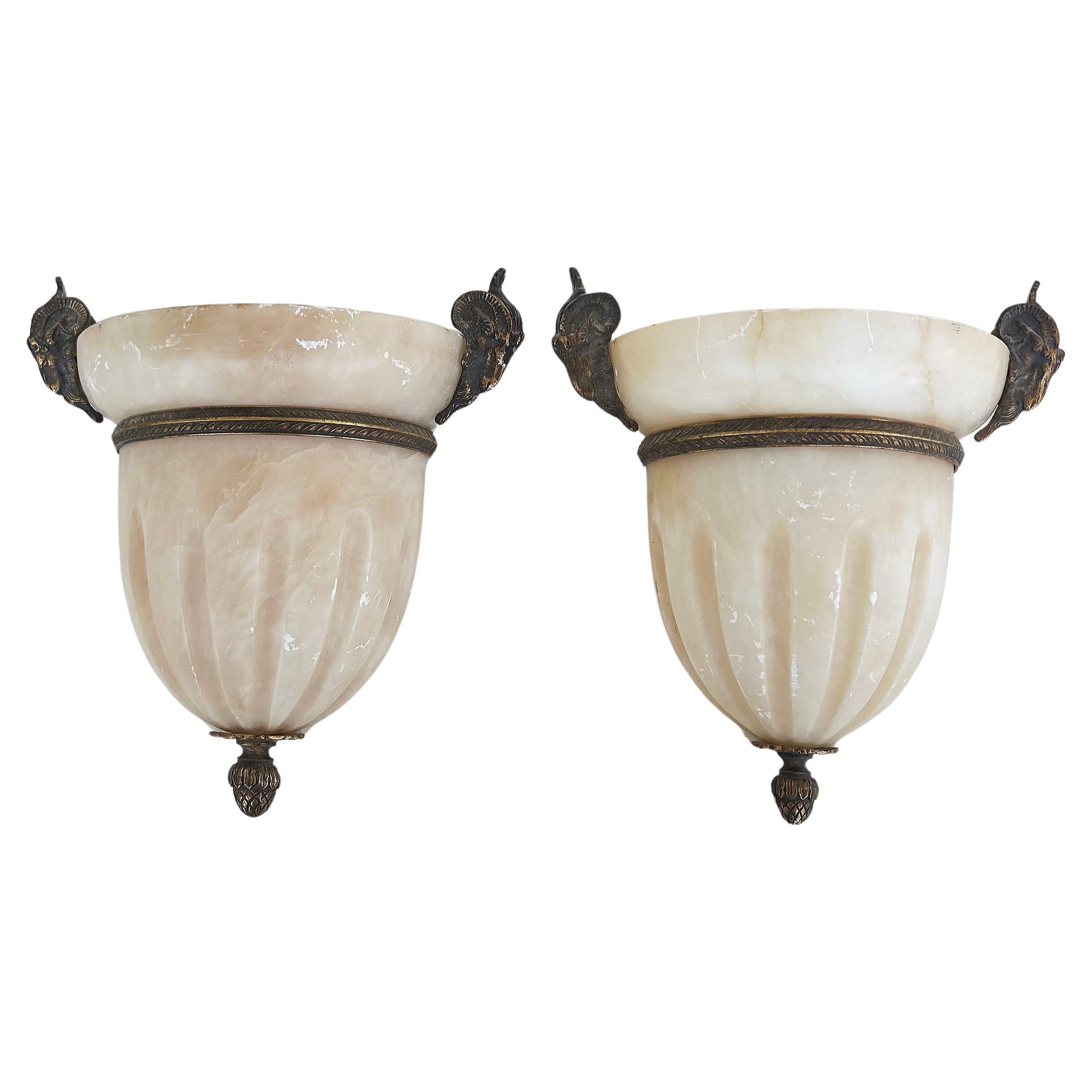 Alabaster Gilt Bronze Ram's Head Wall Sconces by Mariner, S.A., Spain, Pair