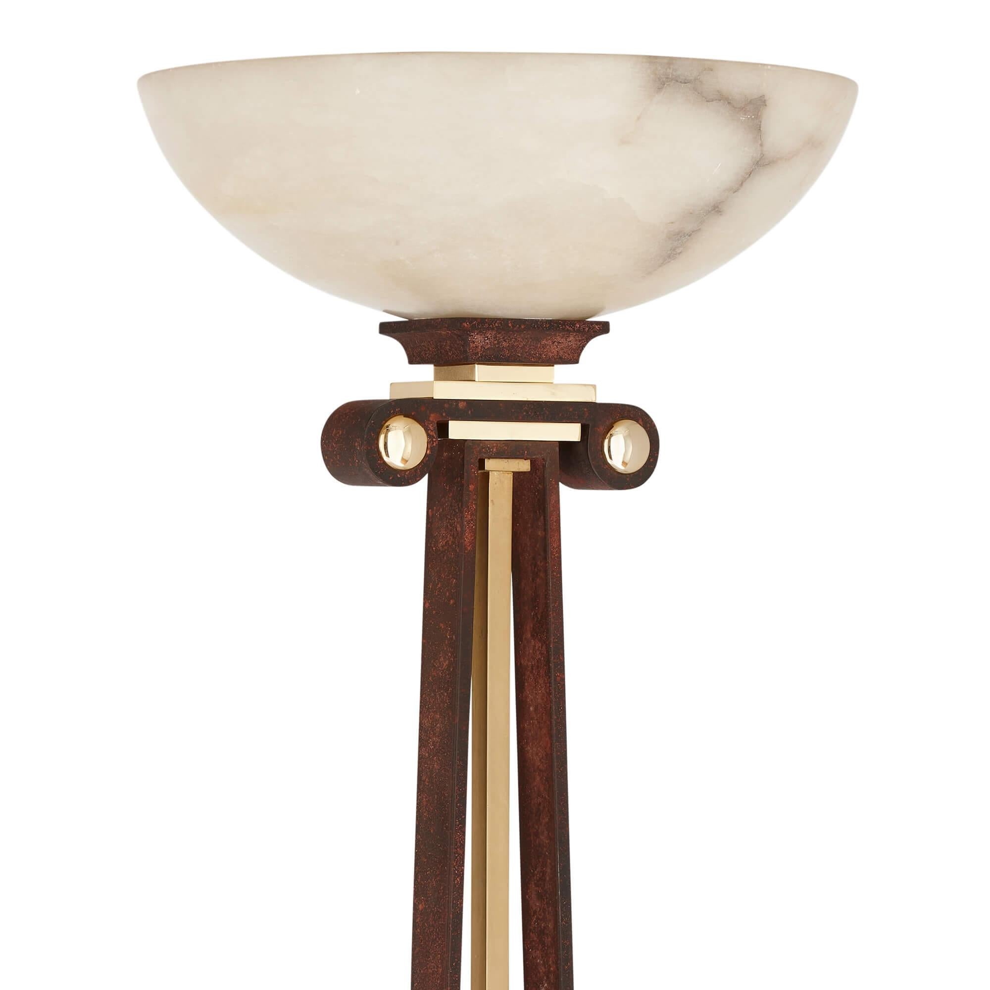 Modern Alabaster, Gilt Metal and Patinated Iron Floor Lamp  For Sale