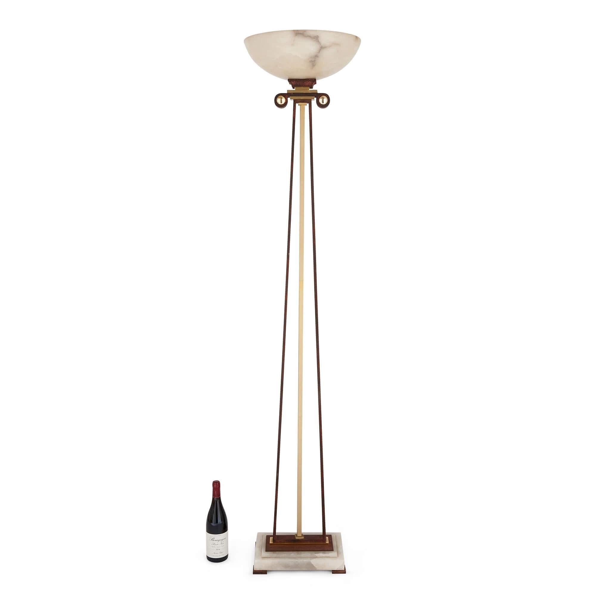 Carved Alabaster, Gilt Metal and Patinated Iron Floor Lamp  For Sale