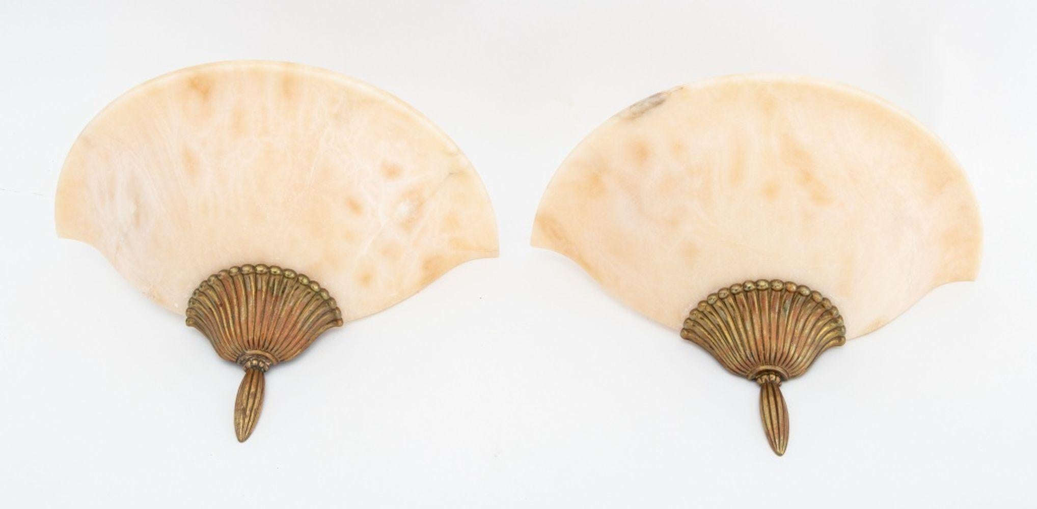 Pair of Alabaster and Gilt Metal Wall Sconces, each with two light bulb fittings. 9