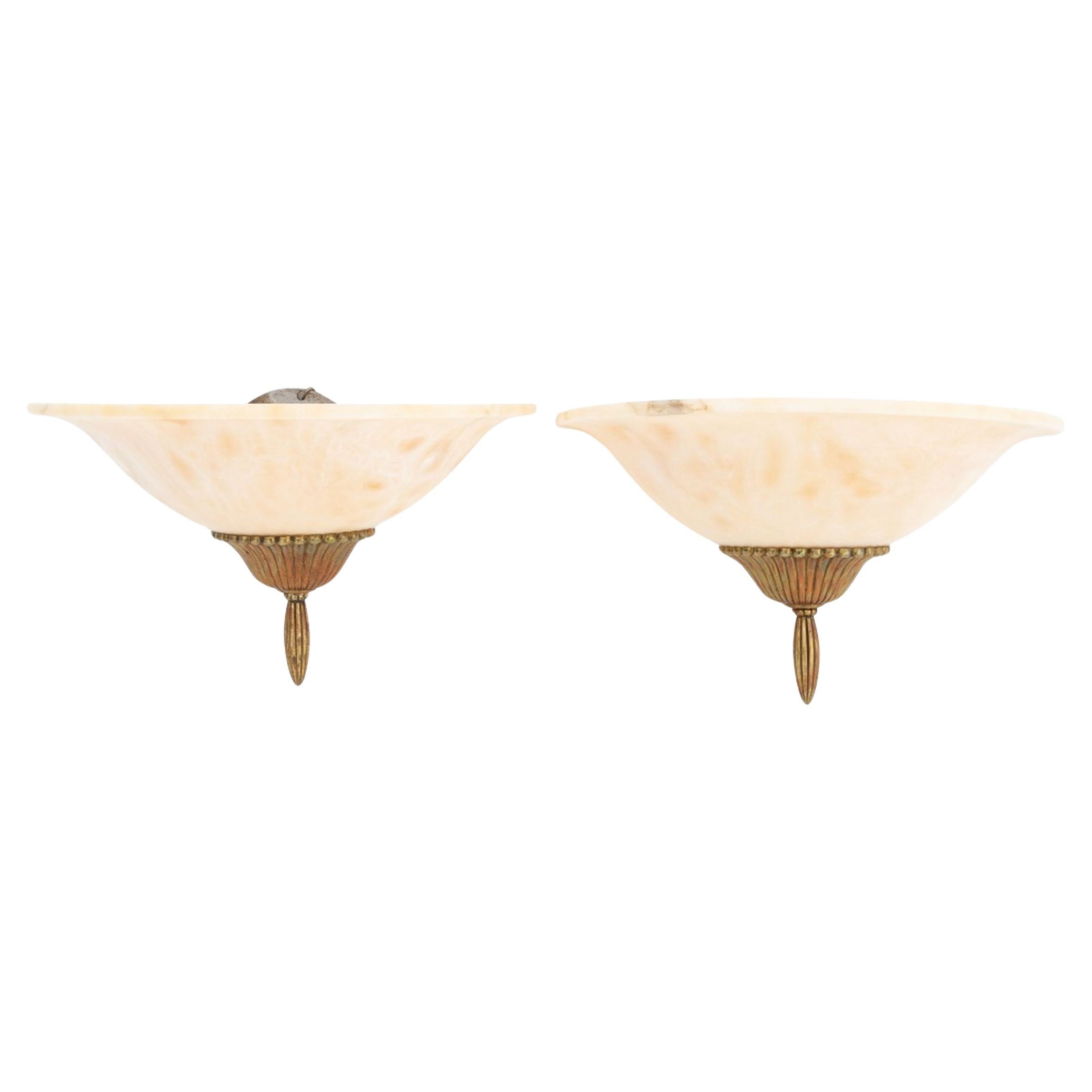 Alabaster & Gilt Metal Wall Sconces, Pair For Sale