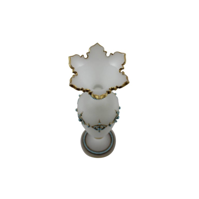 Alabaster Glass Vase with Turquoise Beads and Gilt Detail by