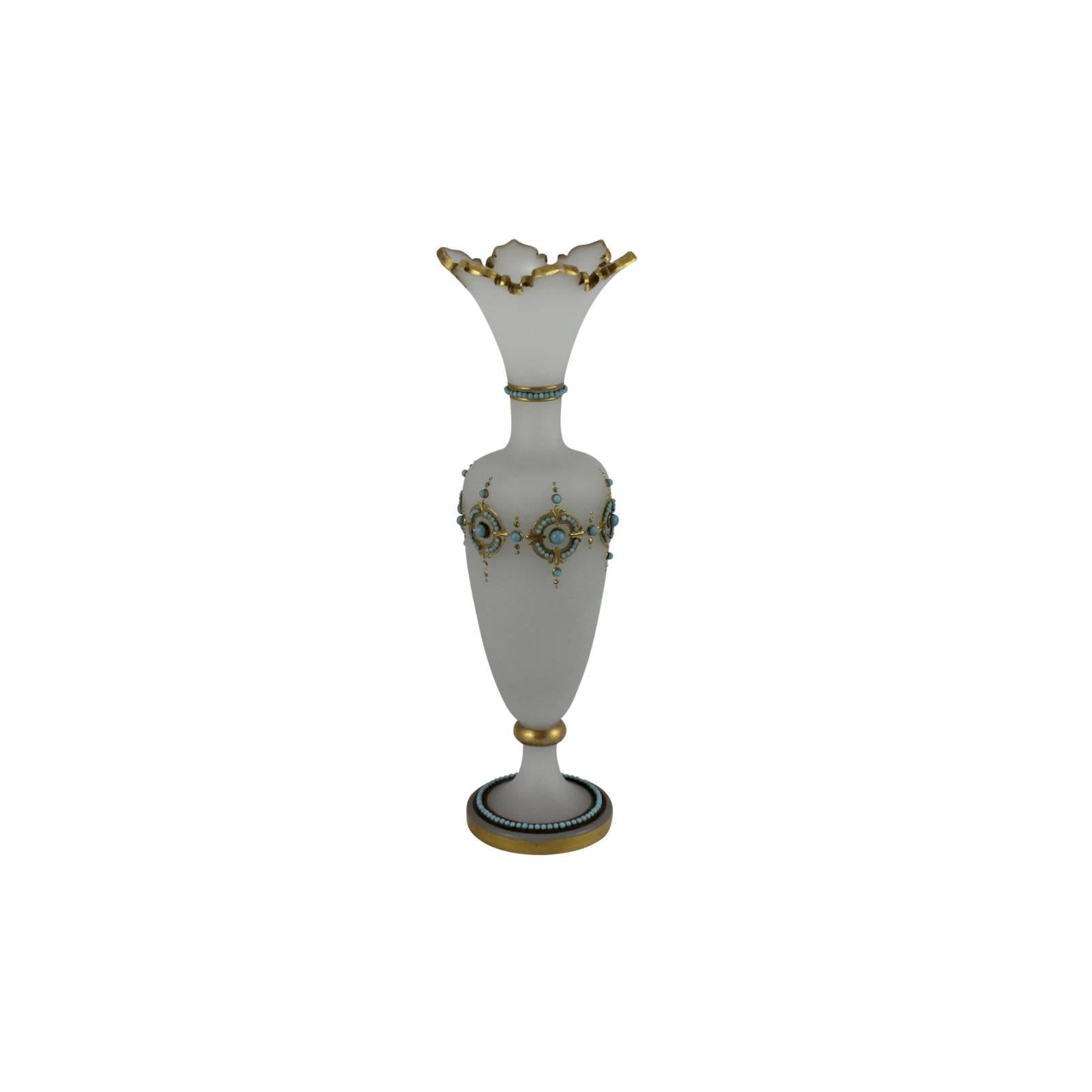 Alabaster Glass Vase with Turquoise Beads and Gilt Detail by