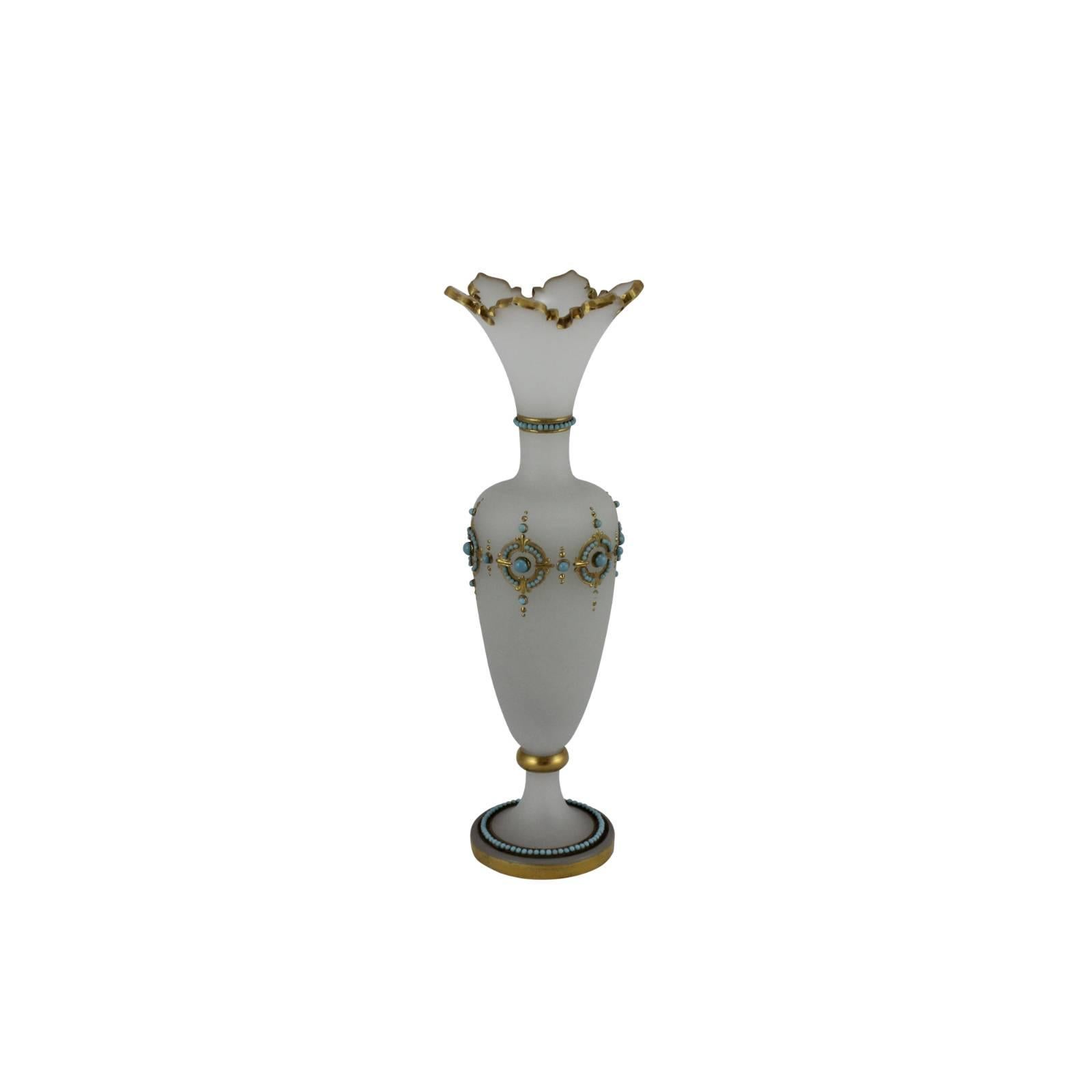 Alabaster Glass Vase with Turquoise Beads and Gilt Detail by