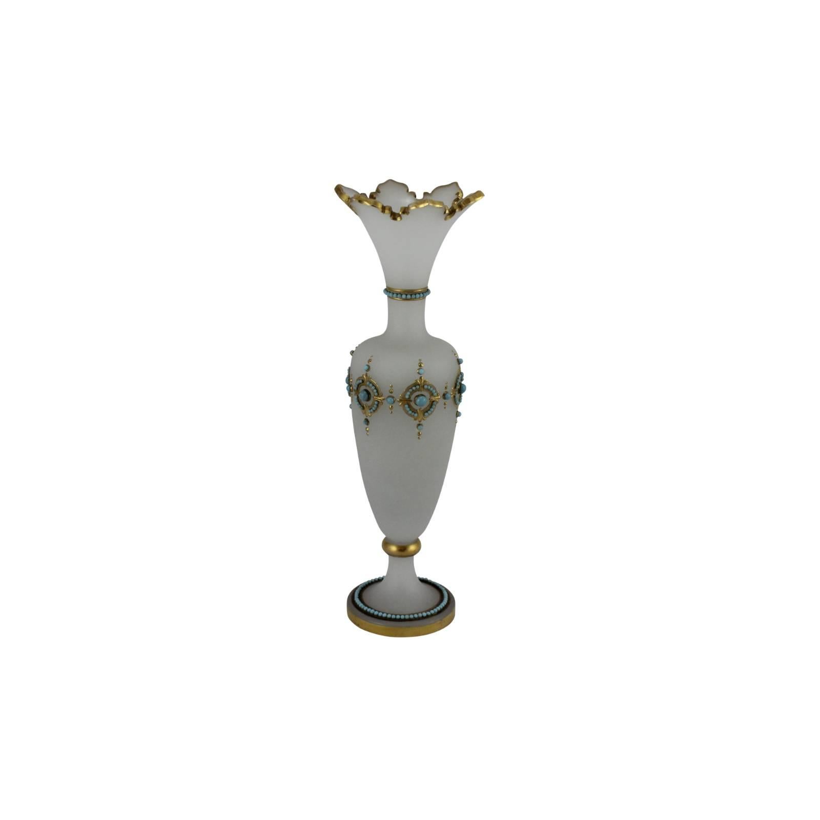 Alabaster Glass Vase with Turquoise Beads and Gilt Detail by