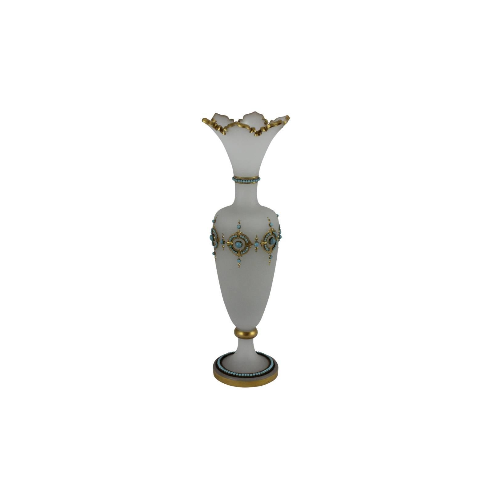 Alabaster Glass Vase with Turquoise Beads and Gilt Detail by