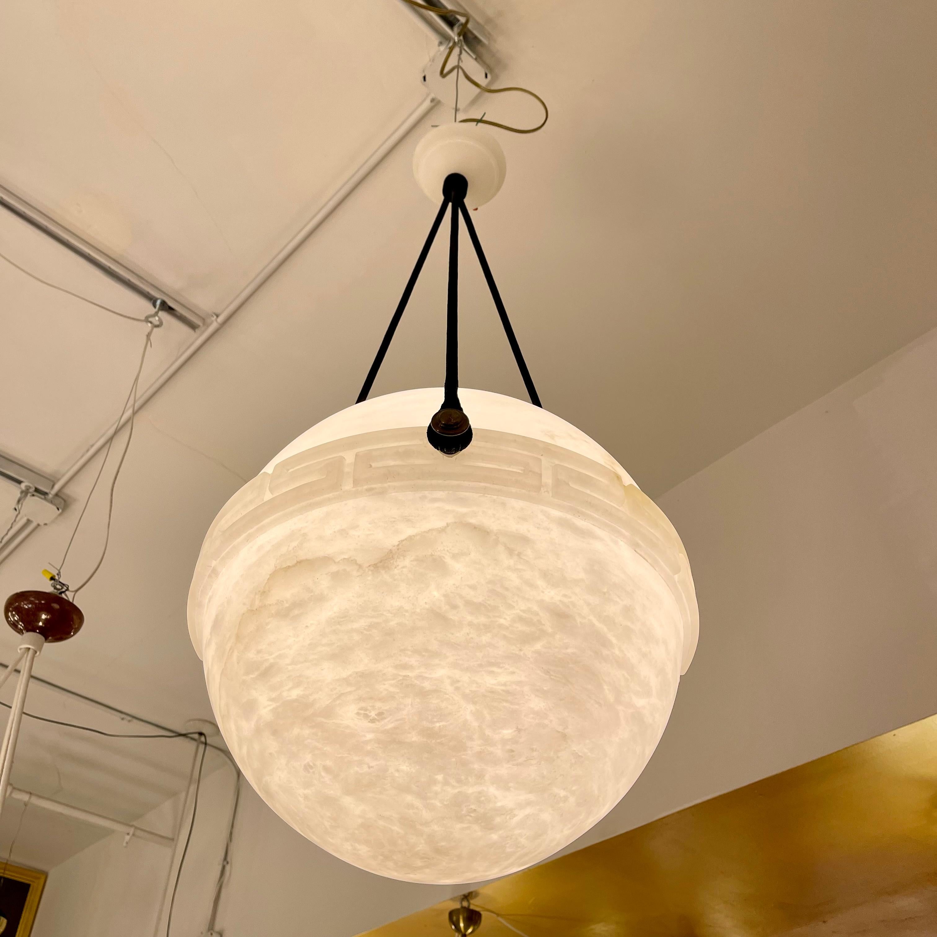 Art Deco Alabaster Globe Light Fixture with Greek Key Banding, Sweden, 1930