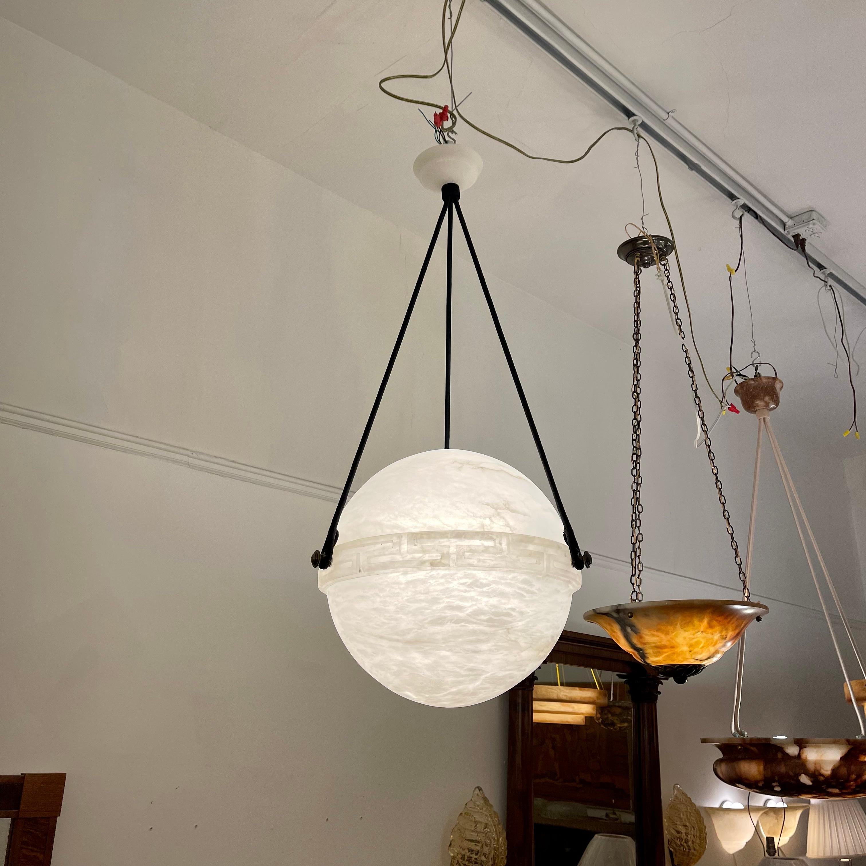 Alabaster Globe Light Fixture with Greek Key Banding, Sweden, 1930 In Good Condition In New York, NY