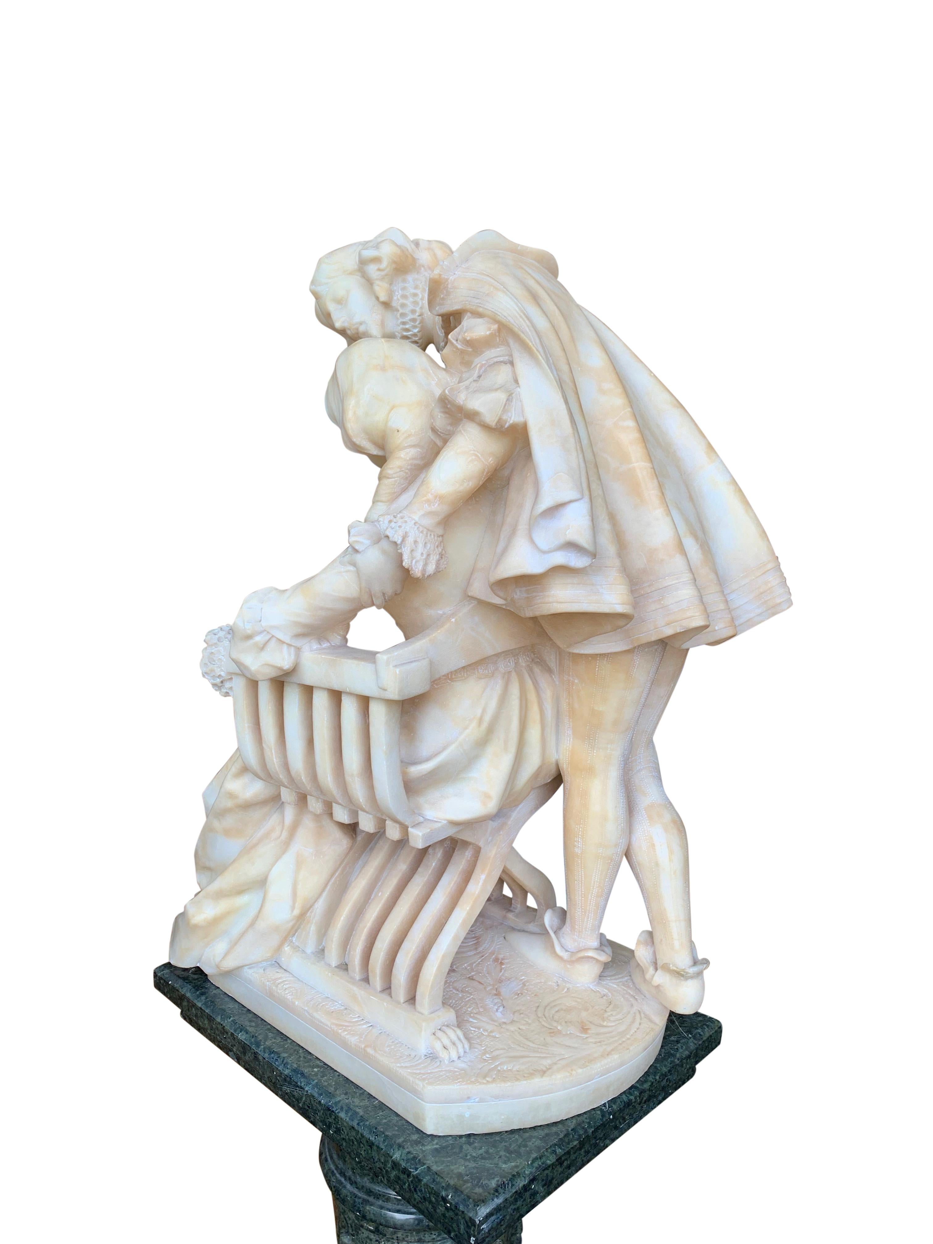 Alabaster Group of a Cavalier and Lady with Pedestal For Sale 5