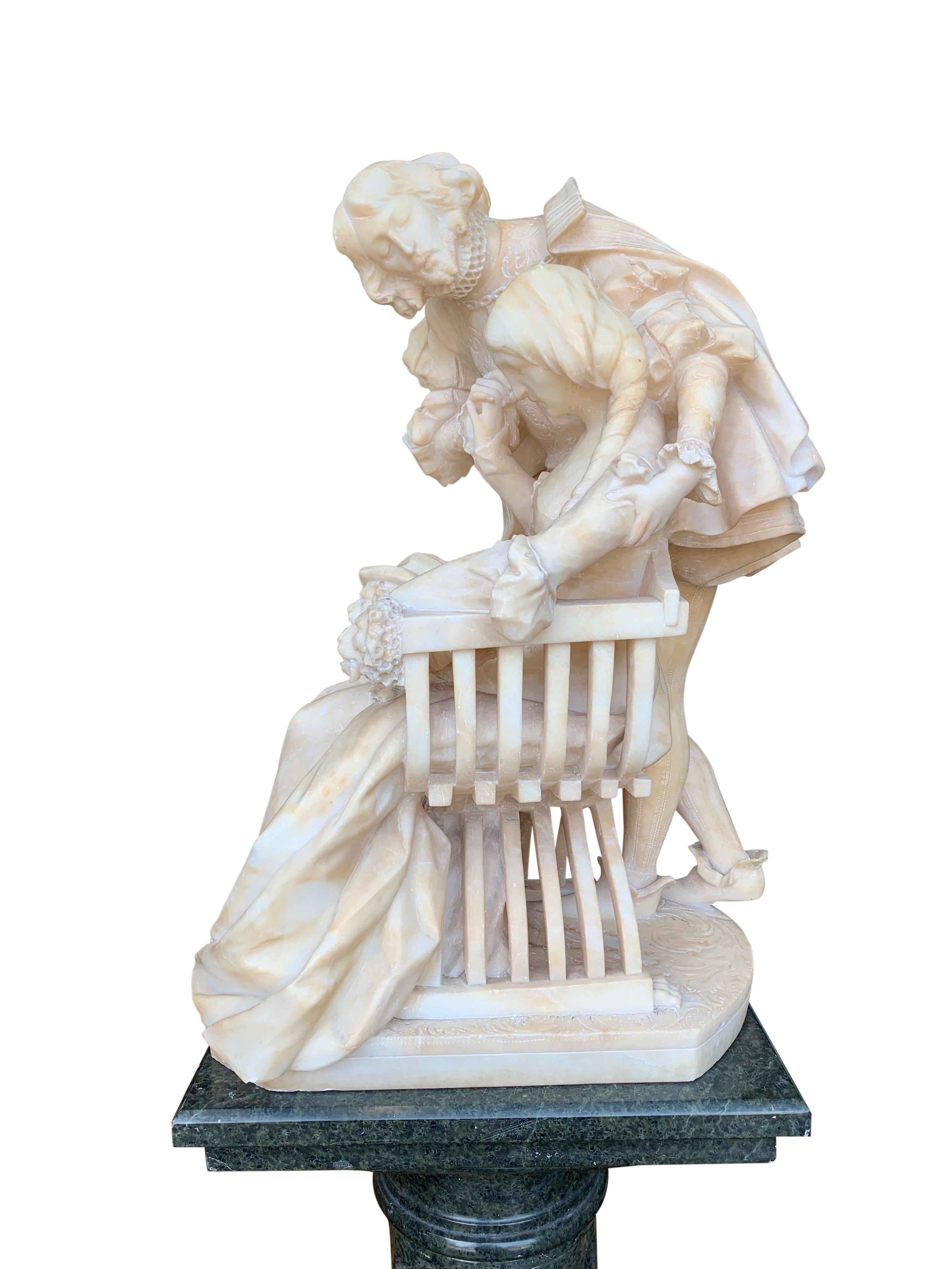 Alabaster Group of a Cavalier and Lady with Pedestal For Sale 6