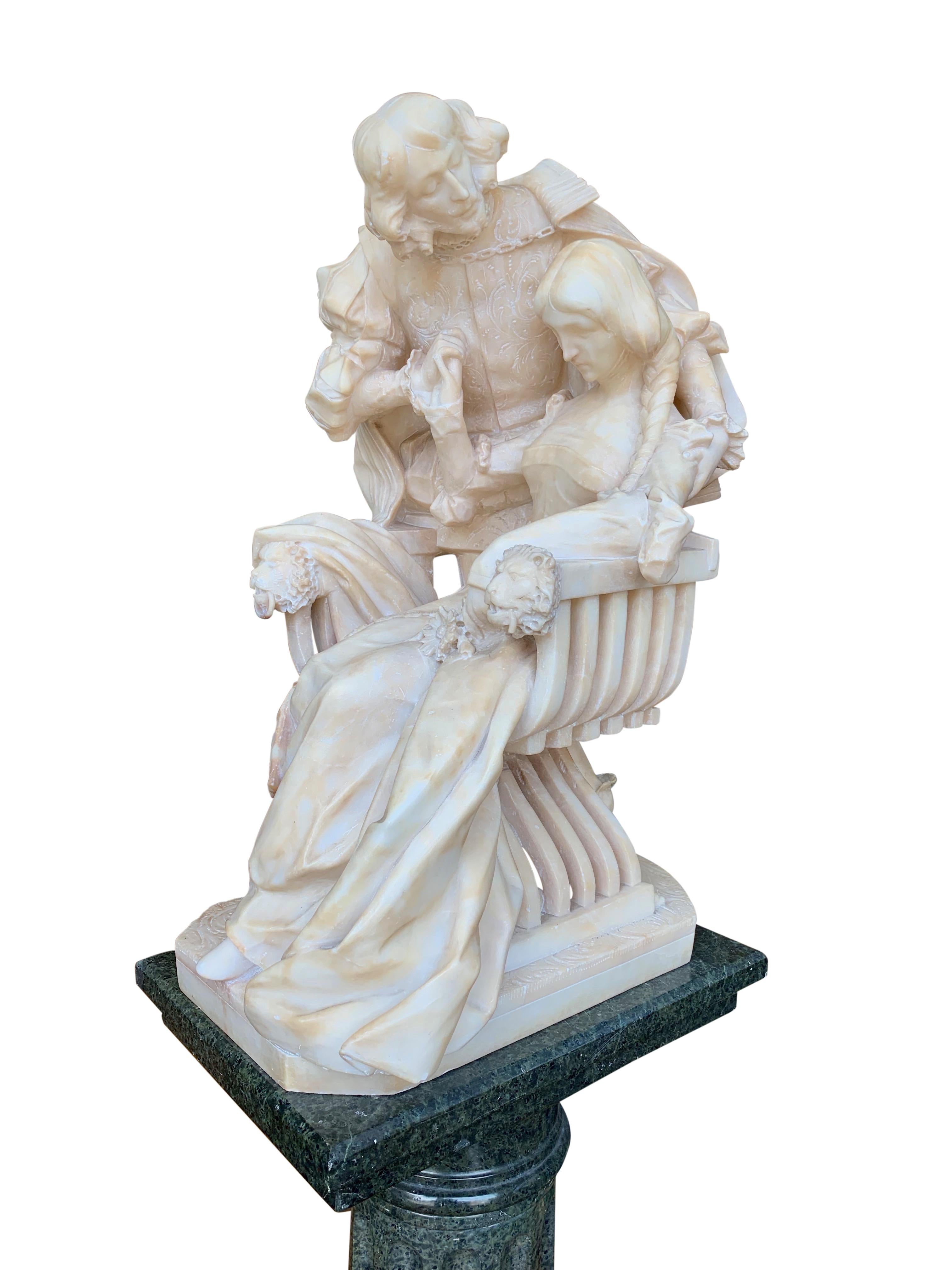 Alabaster Group of a Cavalier and Lady with Pedestal For Sale 7