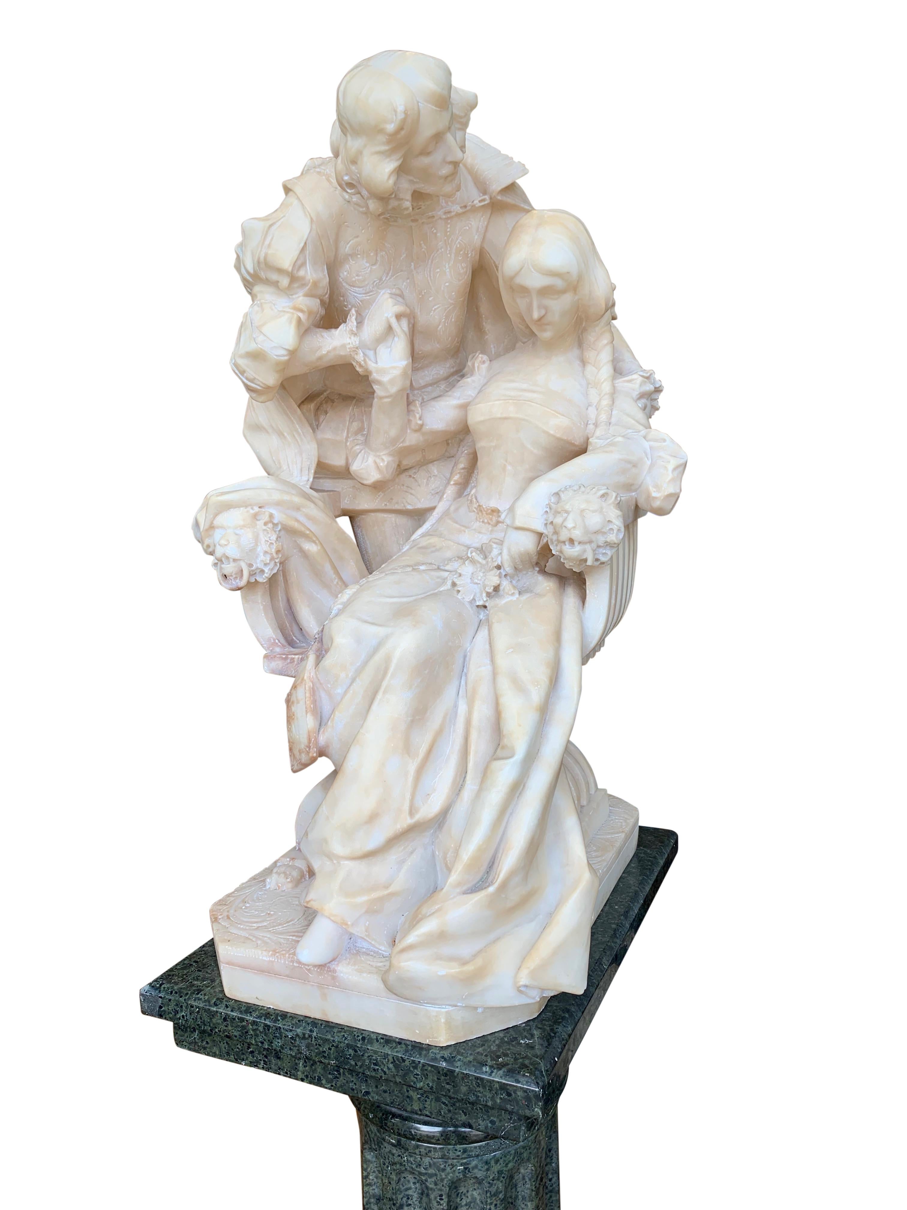 Alabaster Group of a Cavalier and Lady with Pedestal For Sale 8