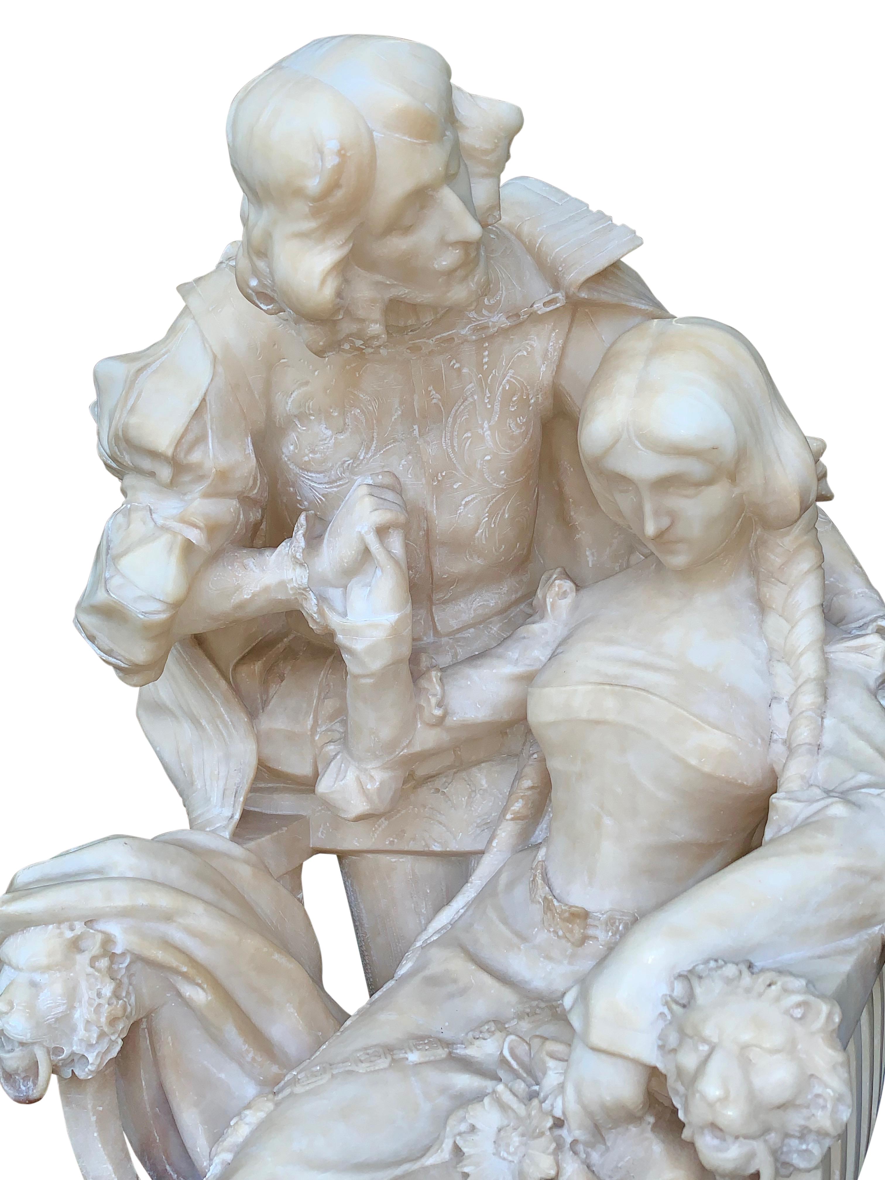 Alabaster Group of a Cavalier and Lady with Pedestal For Sale 9